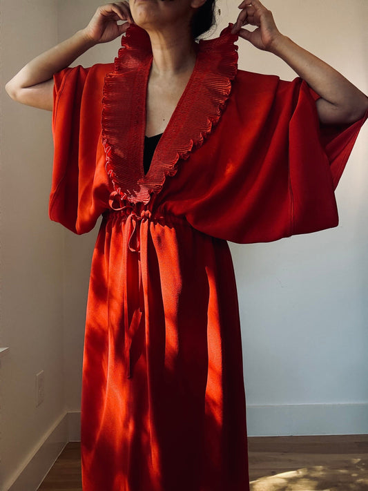 Vintage Zandra Rhodes Orange Red Ruffled Neck Caftan