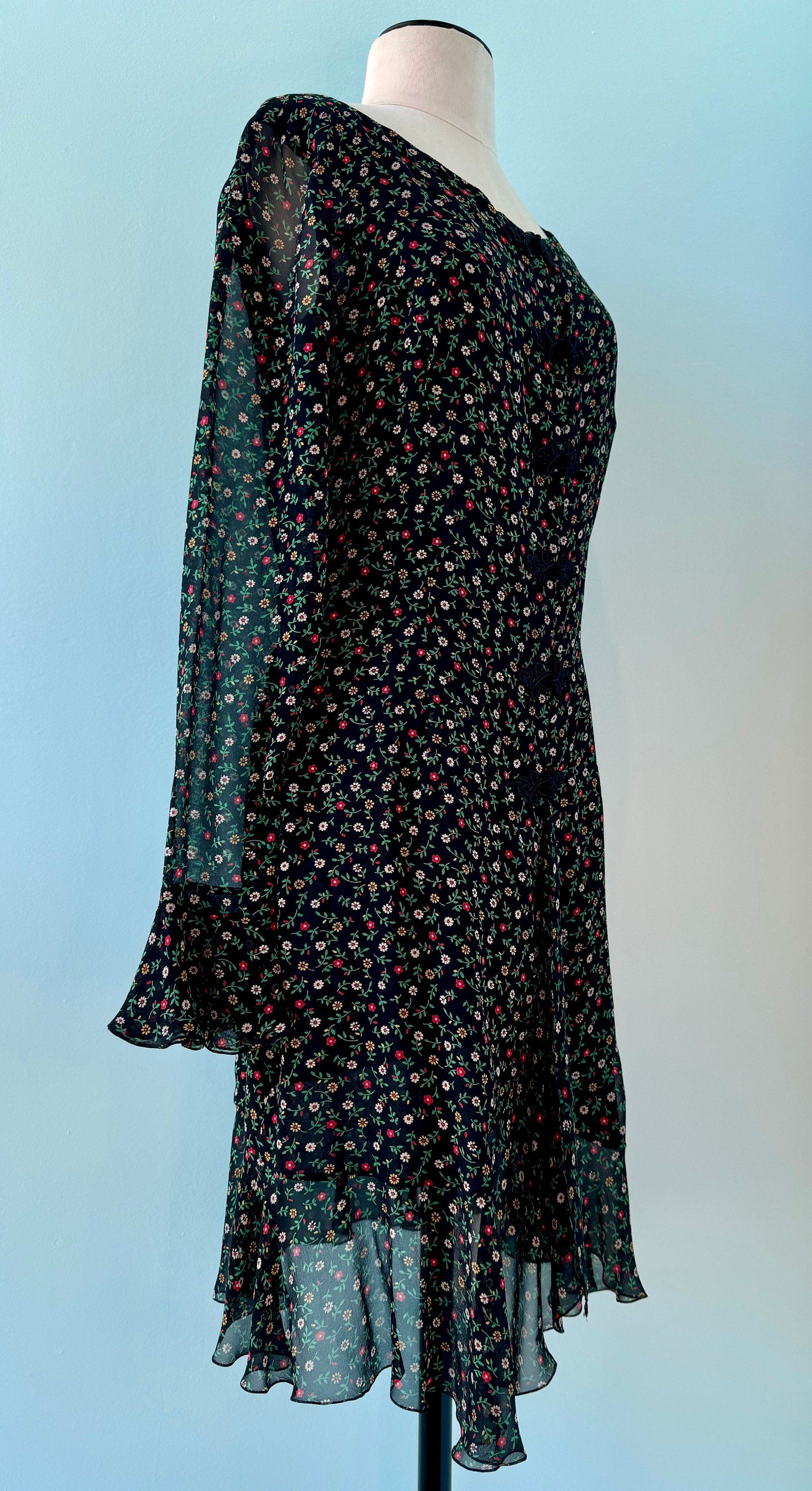 90s Valentino Night Floral Silk Chiffon Grunge Era Mini Dress