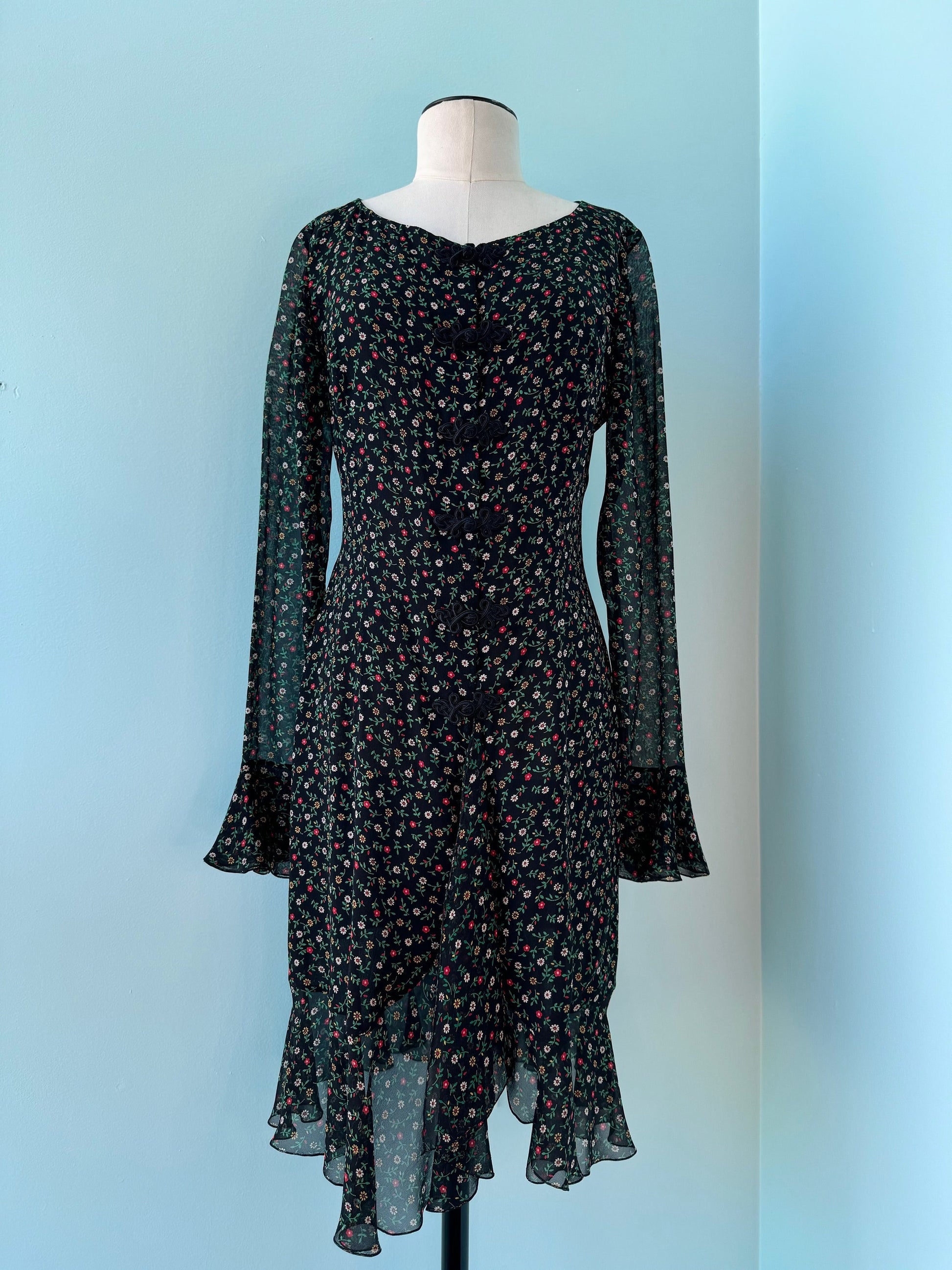 90s Valentino Night Floral Silk Chiffon Grunge Era Mini Dress