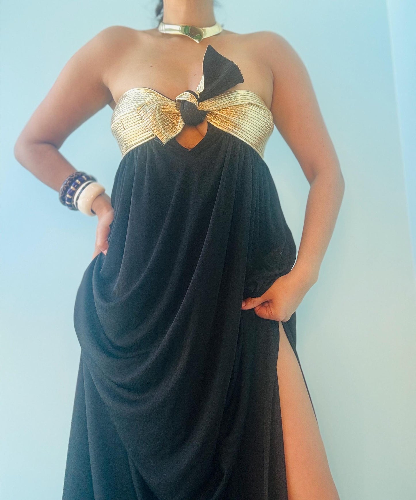 80s Disco Era Bill TICE Strapless Gold And Black Dress