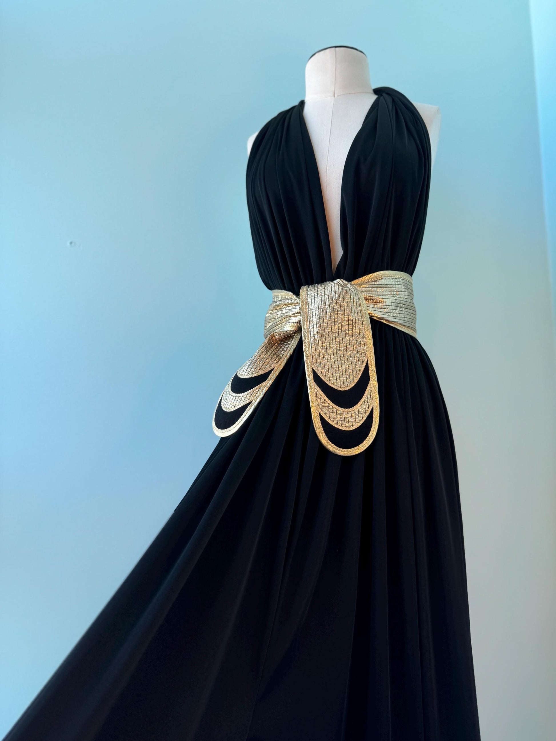 Disco Era Bill TICE Collectible Gold and Black Halter Jersey Dress