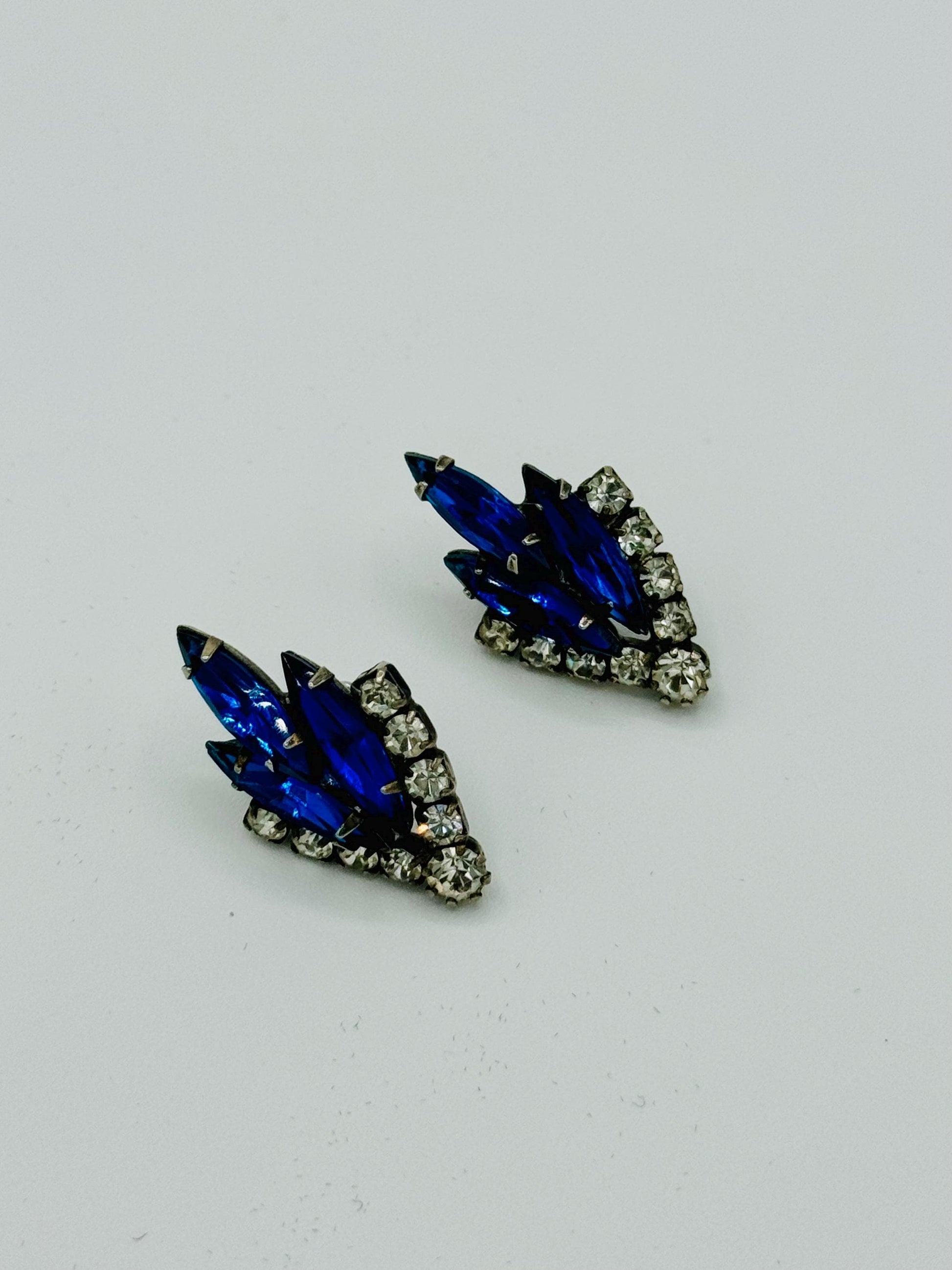 Mid Century Rhinestone Blue and Clear Post Earrings