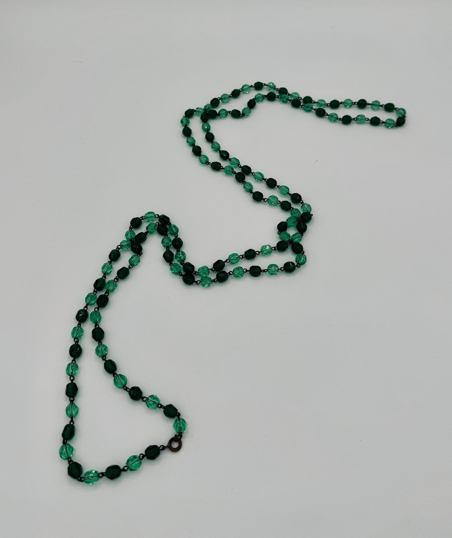 30s/40s Antique Green Faceted Crystal 55" Long Necklace