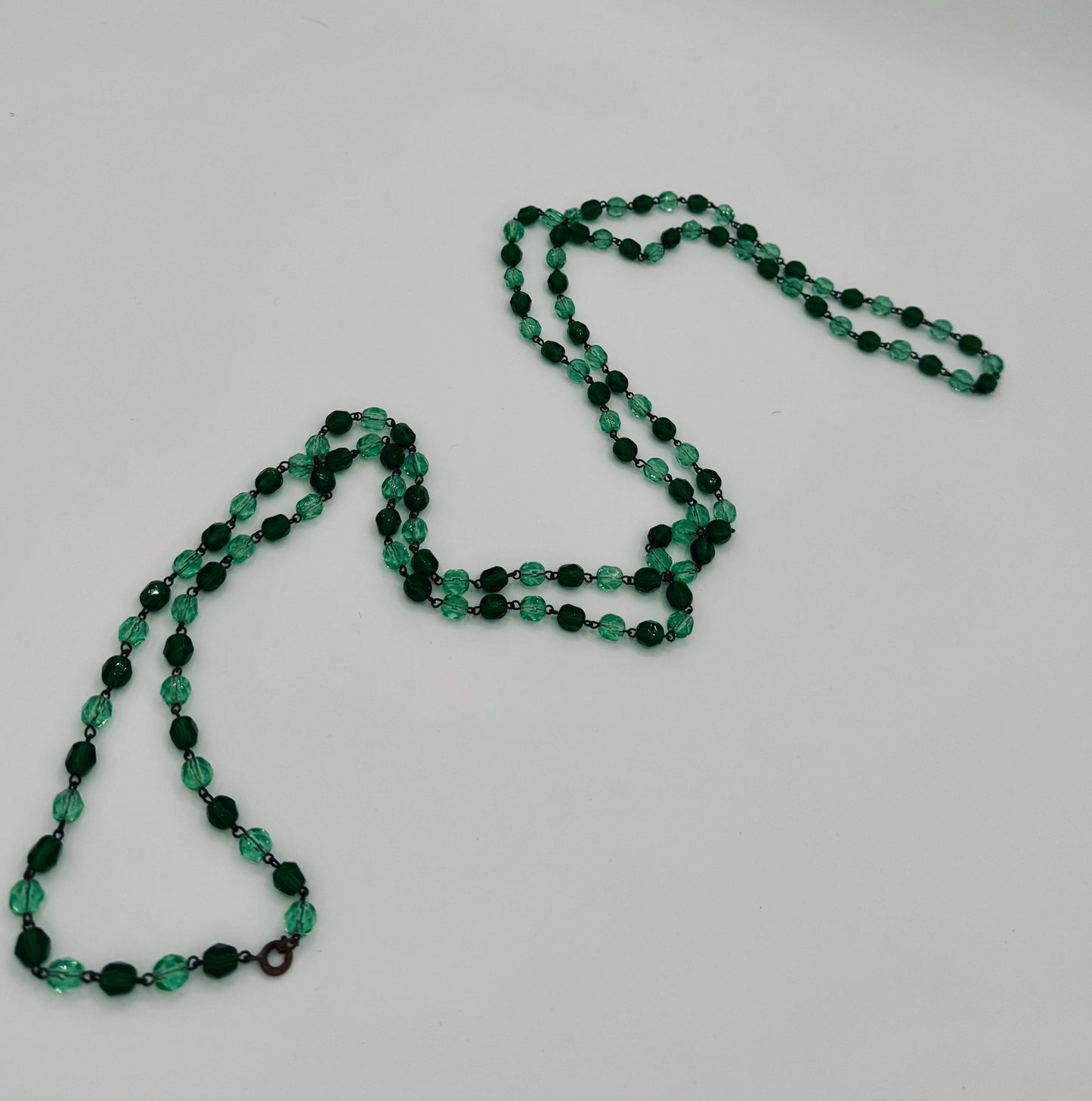 30s/40s Antique Green Faceted Crystal 55" Long Necklace