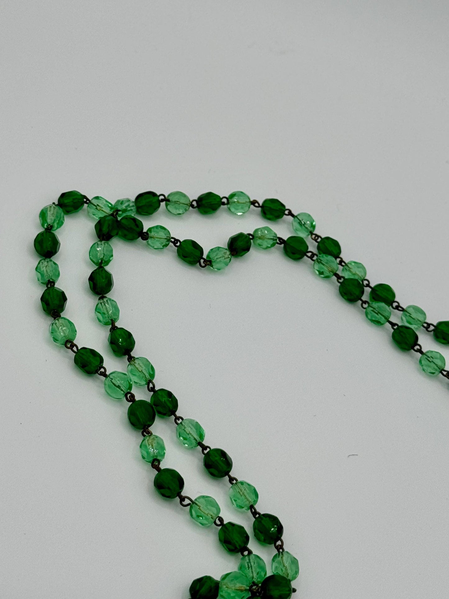 30s/40s Antique Green Faceted Crystal 55" Long Necklace