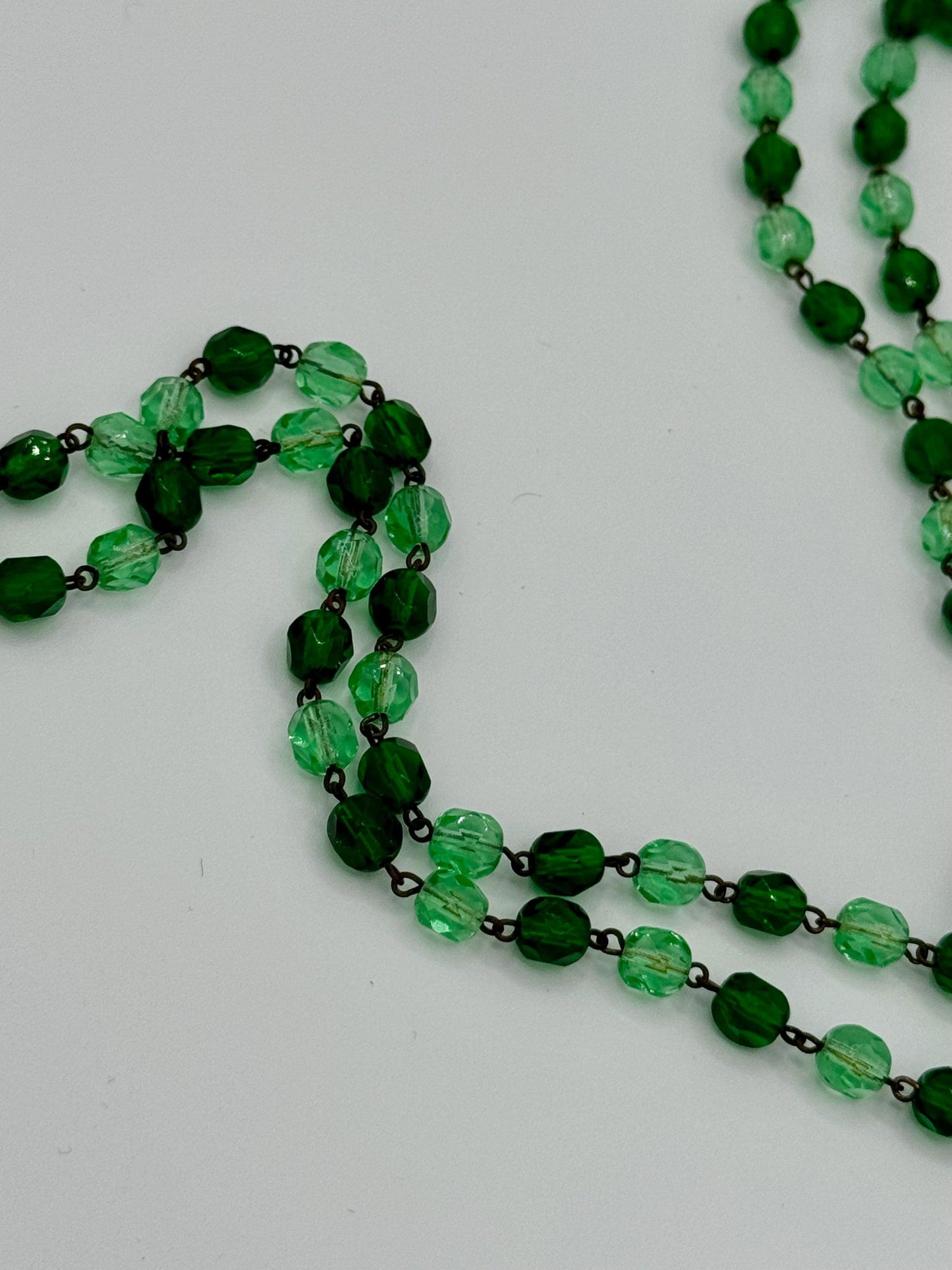 30s/40s Antique Green Faceted Crystal 55" Long Necklace