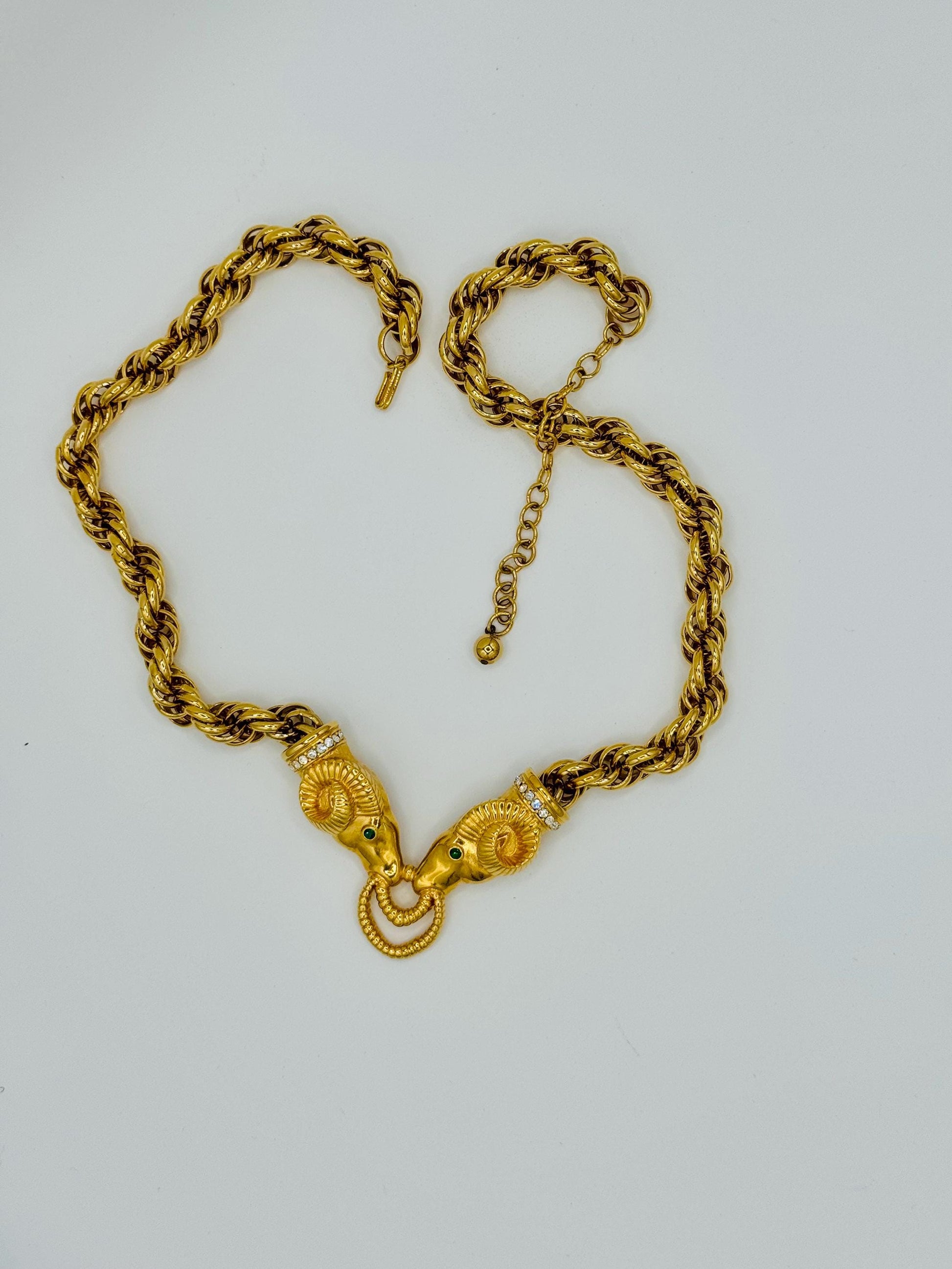 90s Gold Plated Kenneth Jay Lane Embellished Ram Gold Rope Necklace