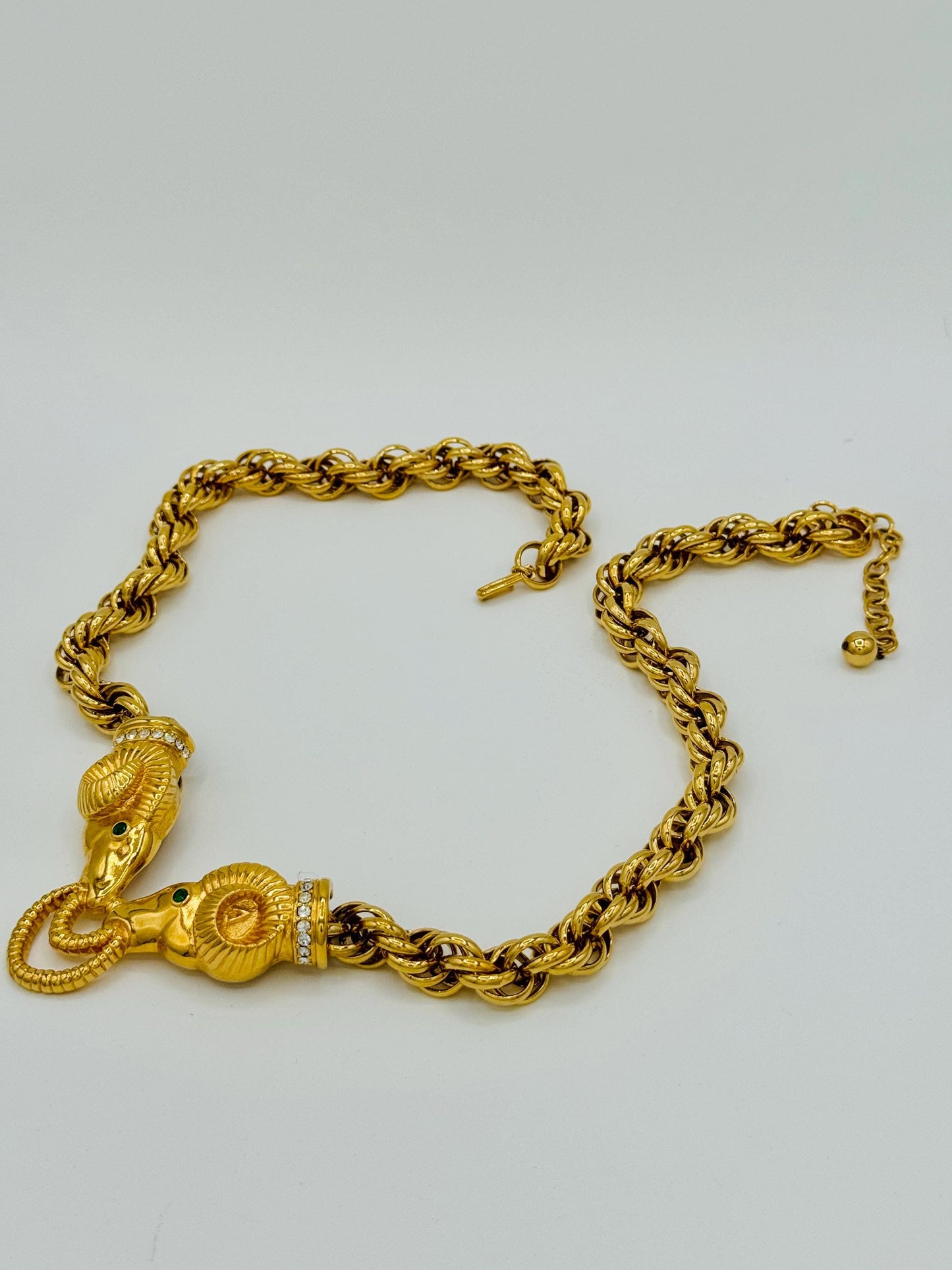 90s Gold Plated Kenneth Jay Lane Embellished Ram Gold Rope Necklace