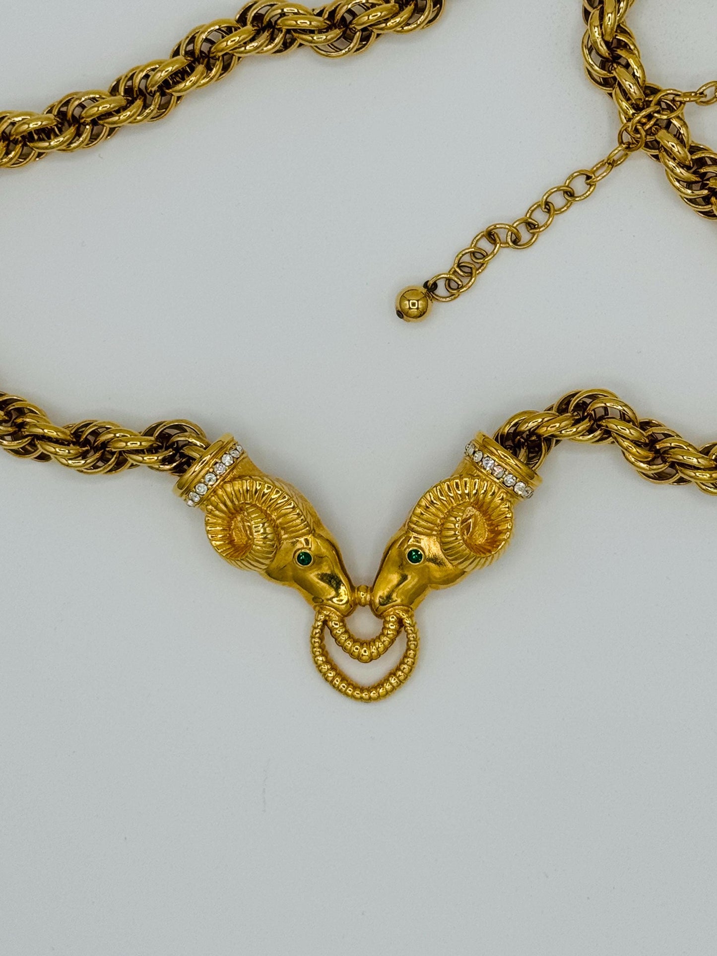 90s Gold Plated Kenneth Jay Lane Embellished Ram Gold Rope Necklace