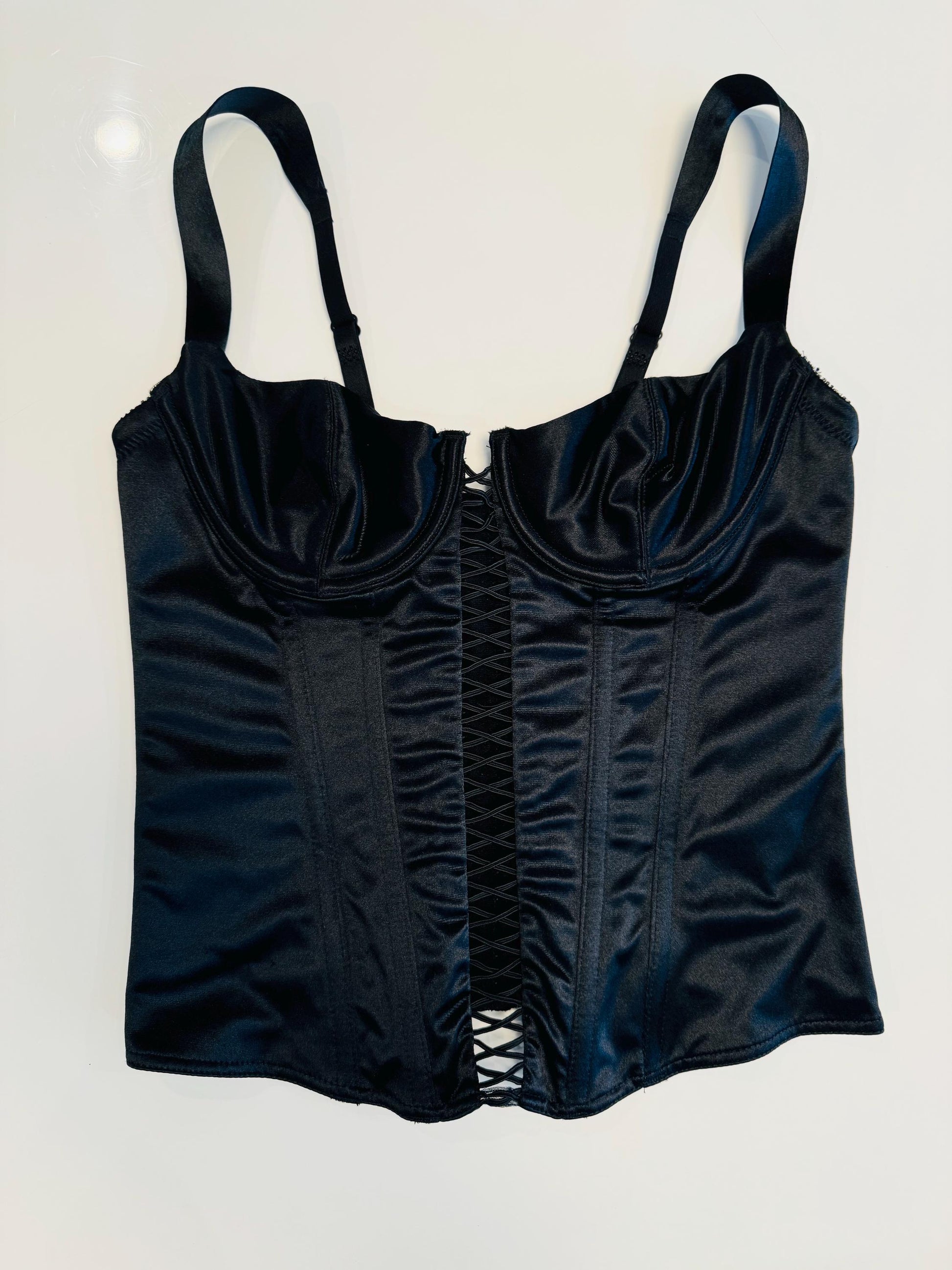 90s Natori Black Satin Boned Bustier 34B