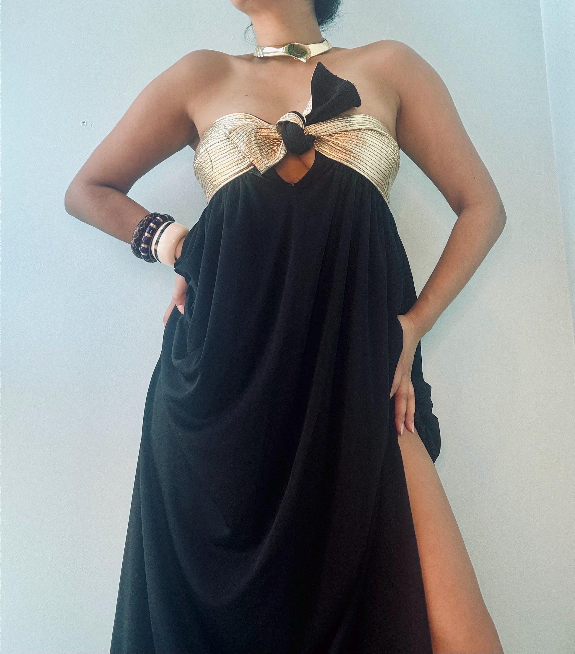 80s Disco Era Bill TICE Strapless Gold And Black Dress