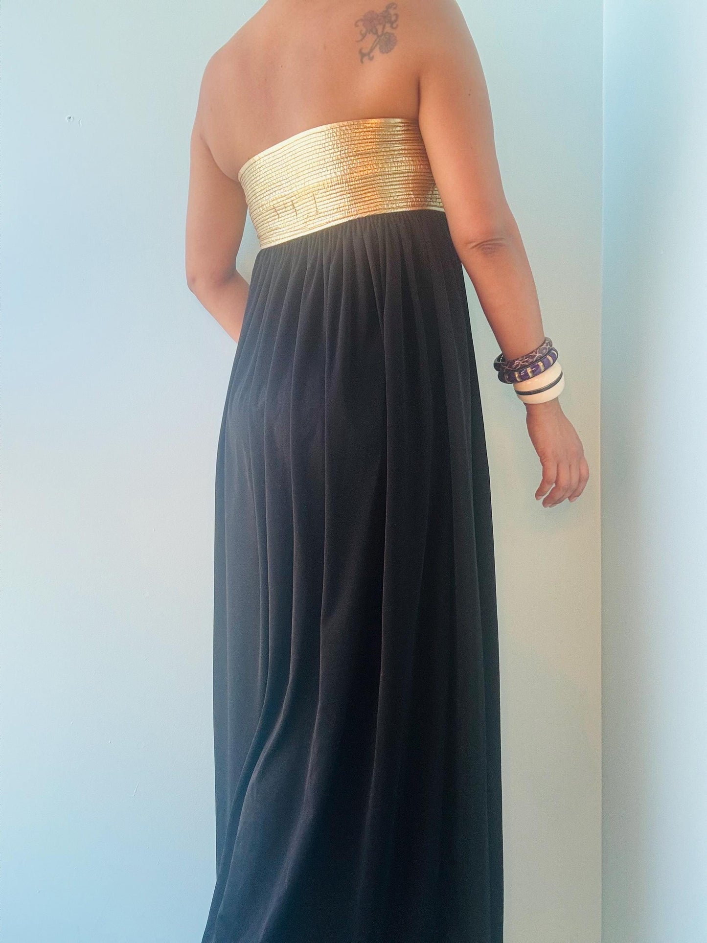 80s Disco Era Bill TICE Strapless Gold And Black Dress