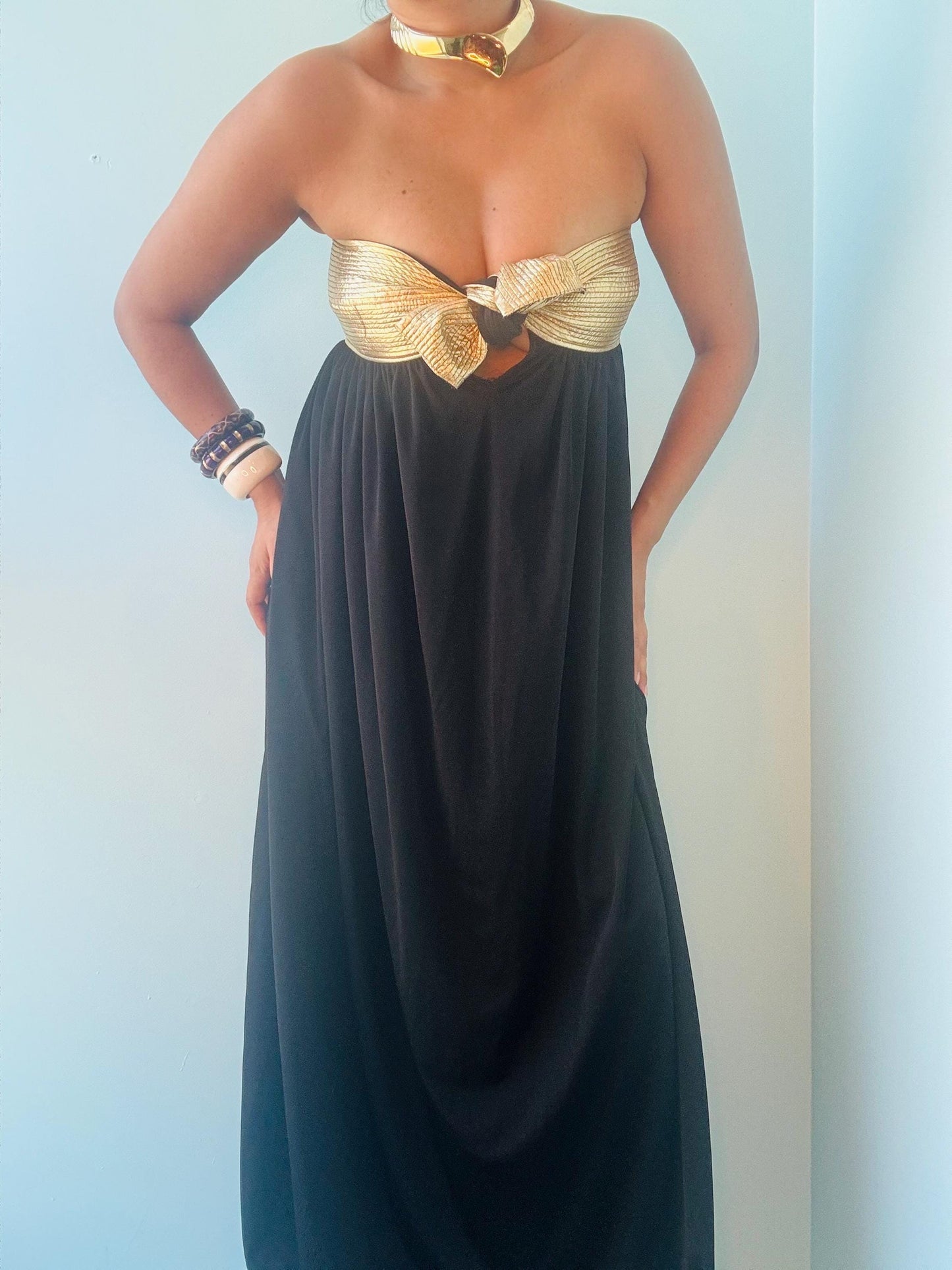 80s Disco Era Bill TICE Strapless Gold And Black Dress