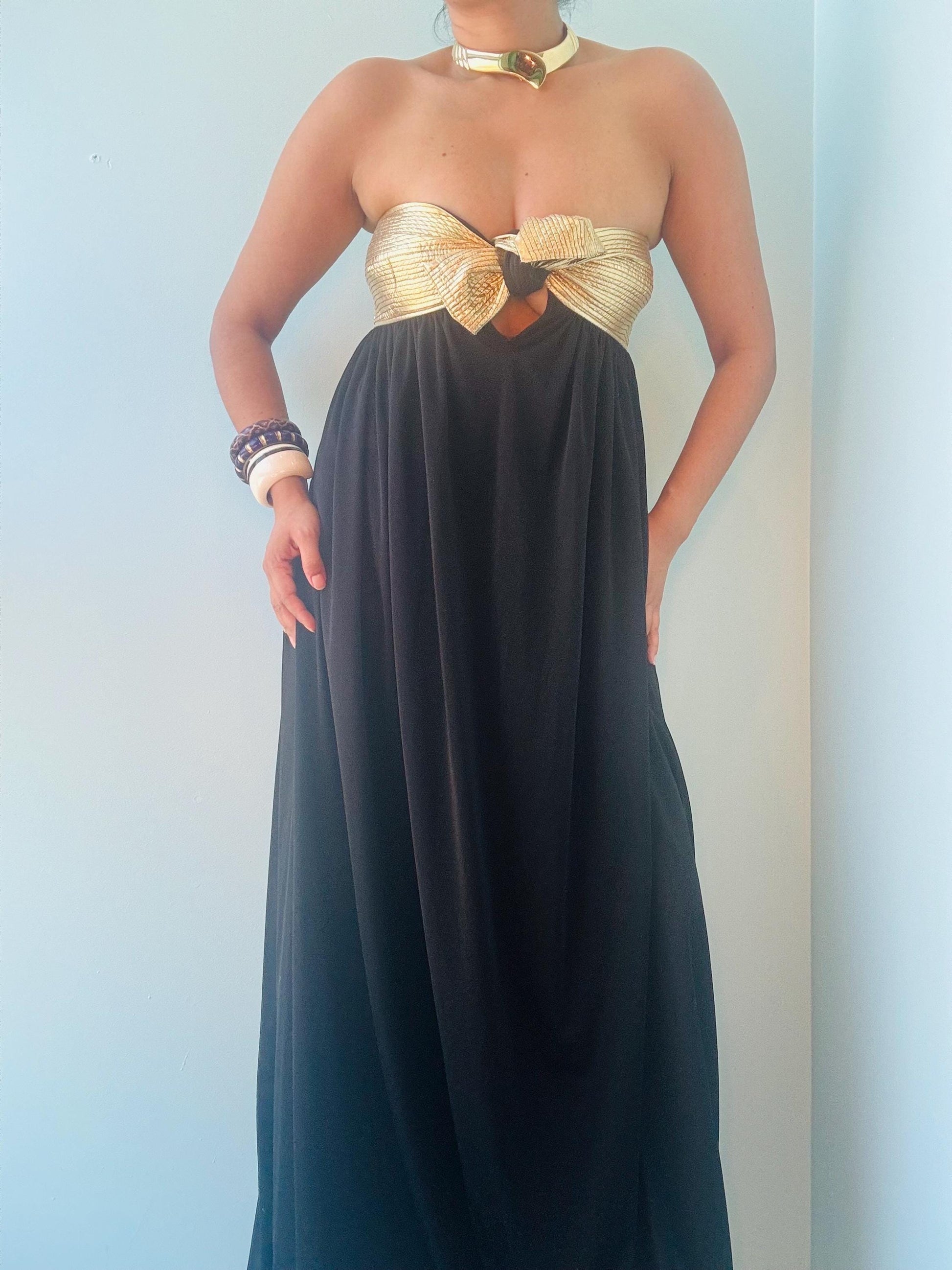 80s Disco Era Bill TICE Strapless Gold And Black Dress