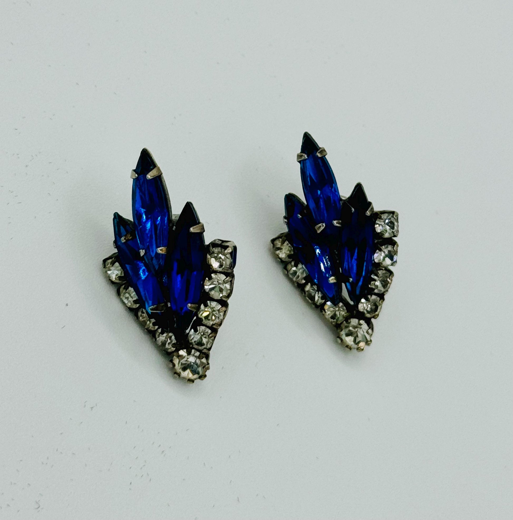 Mid Century Rhinestone Blue and Clear Post Earrings