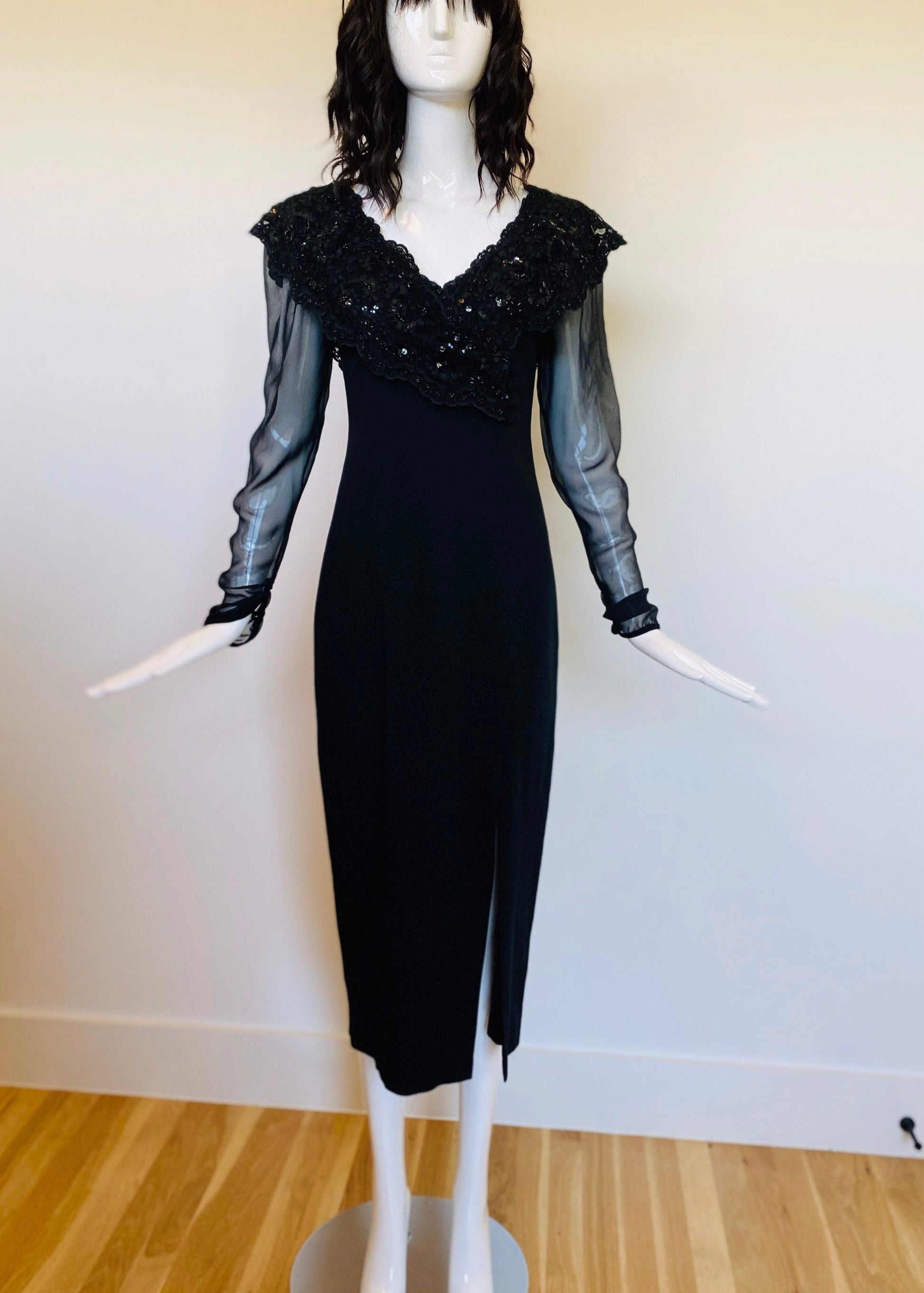 80s Pierre BALMAIN Paris Couture Black Crepe Shift Chiffon Sheer Long Sleeve Lace Beaded Collar High Slit Dress LBD