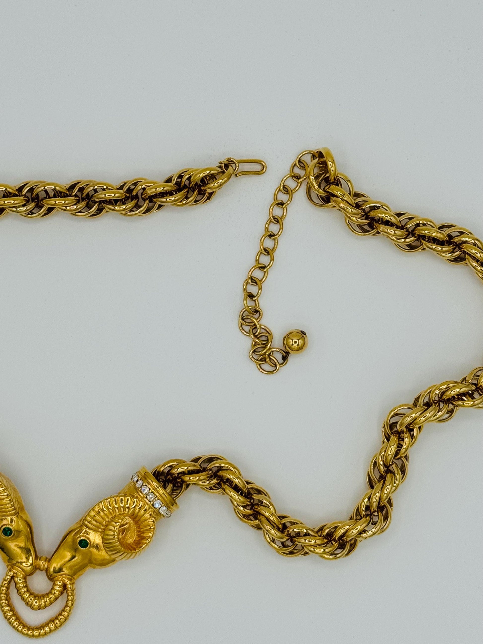 90s Gold Plated Kenneth Jay Lane Embellished Ram Gold Rope Necklace