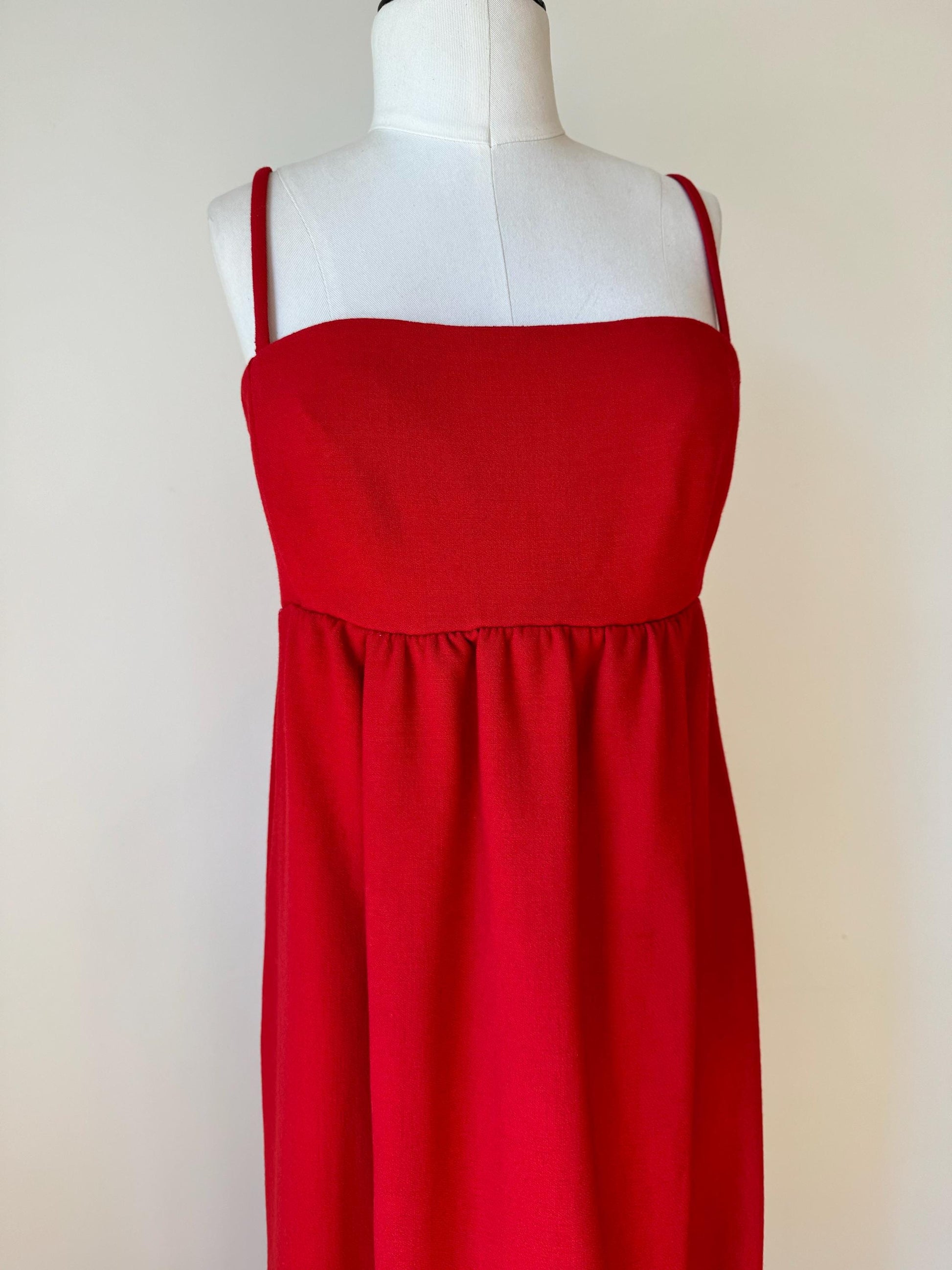 60s Galanos Red Empire Waist Pinafore Column Dress