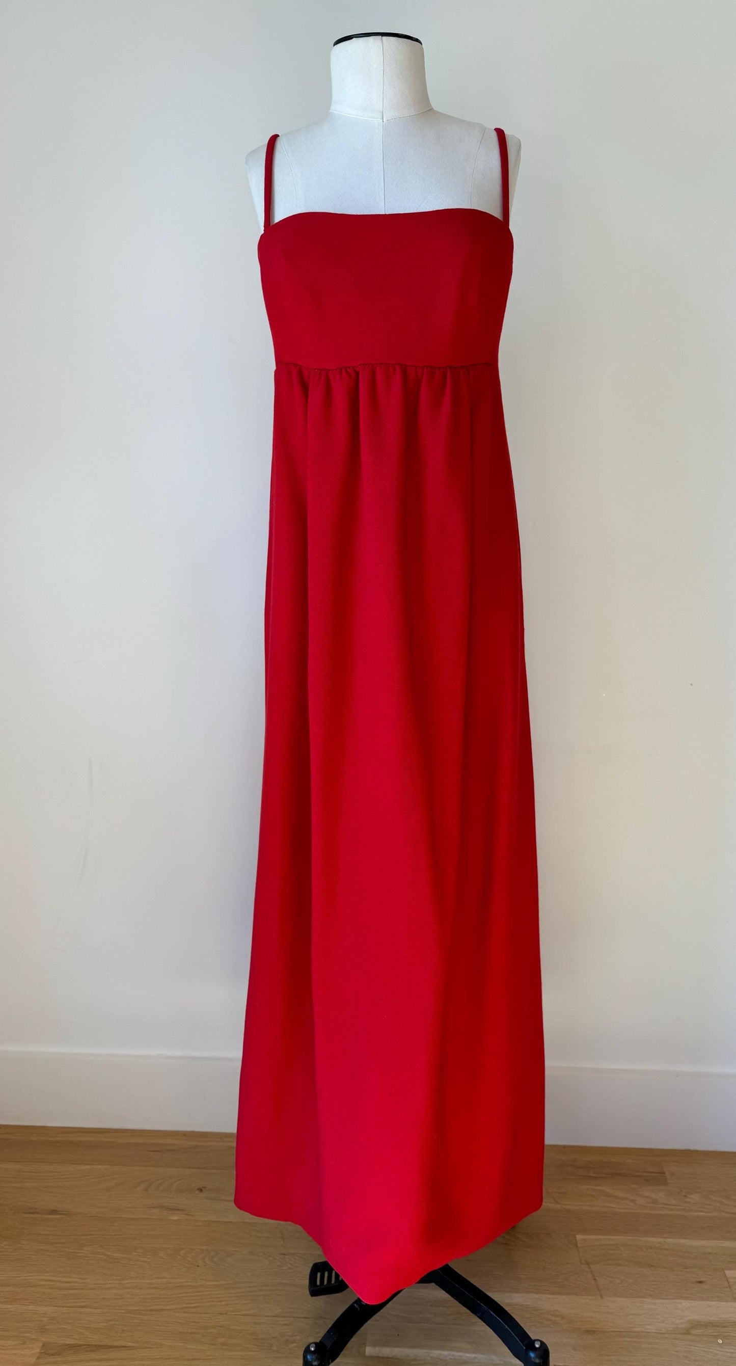 60s Galanos Red Empire Waist Pinafore Column Dress