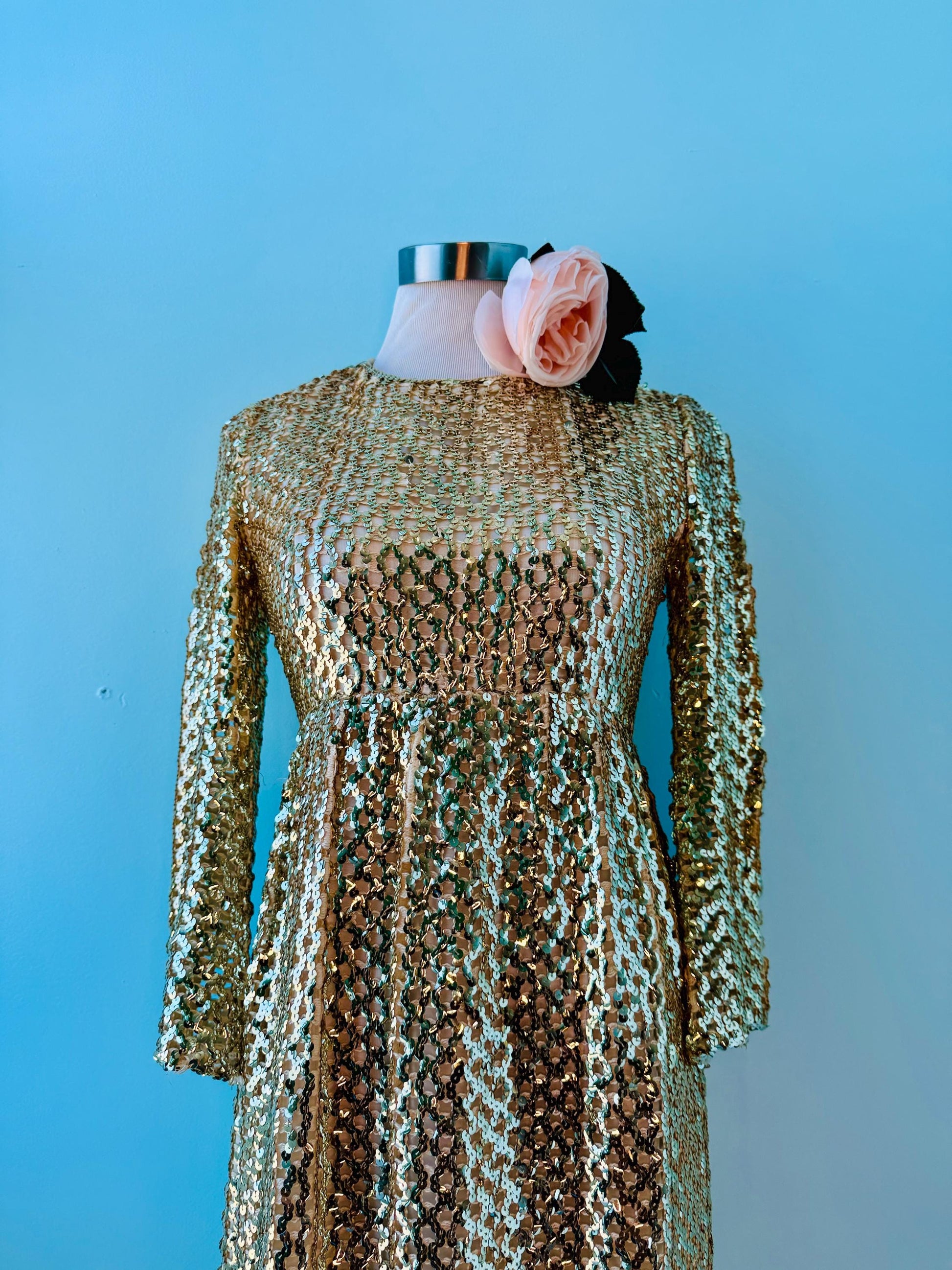 Archived Anne Fogarty Gold Sequins Maxi Dress