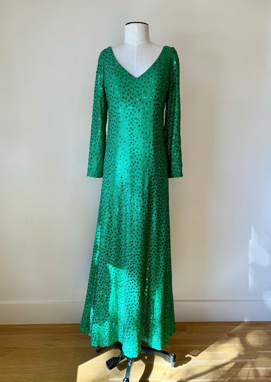 Iconic Mollie Parnis 70s Emerald Green Sequin Gown