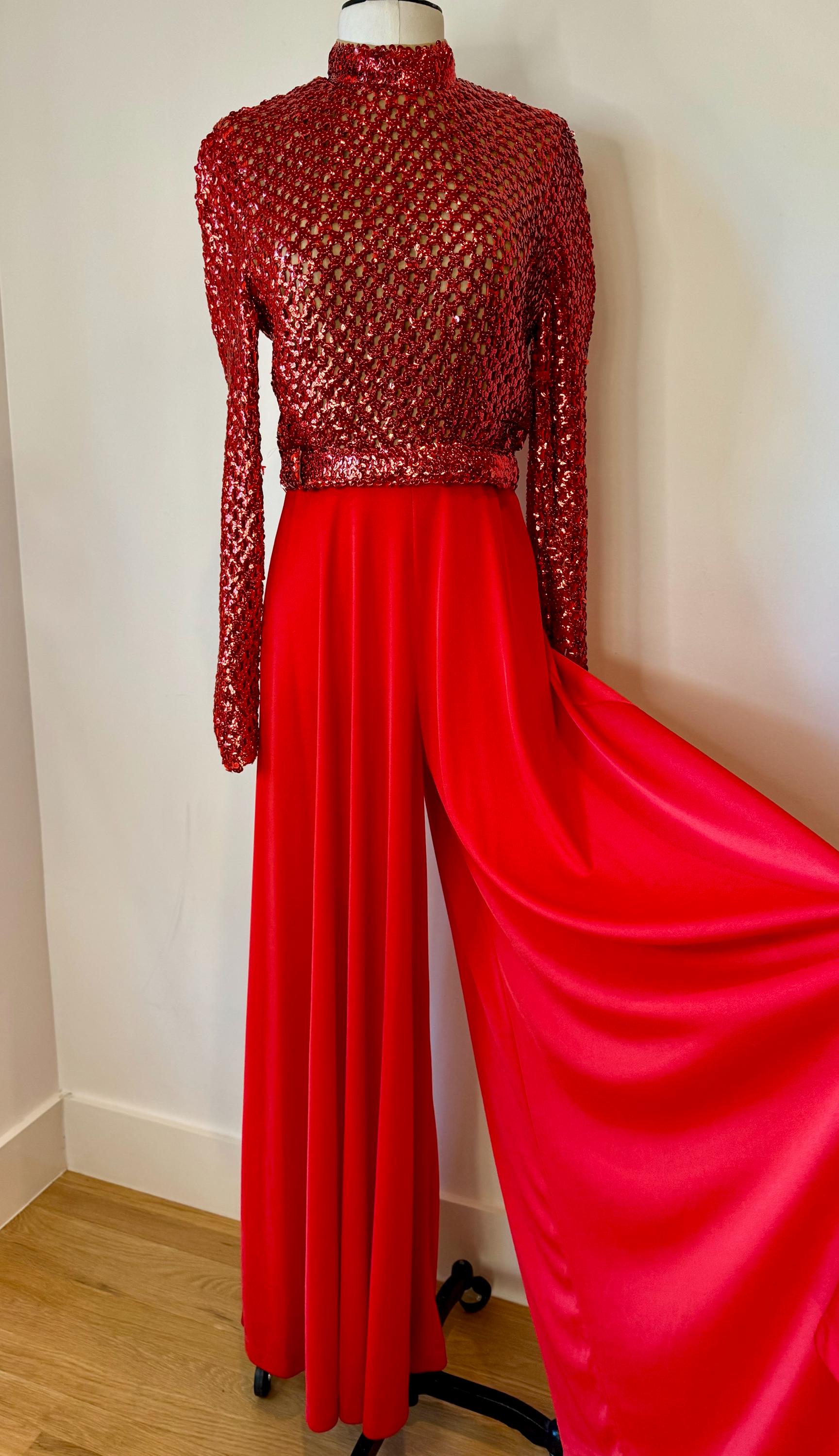 60s Lilli Diamond Red Embellished Palazzo Jumpsuit Dead Stock