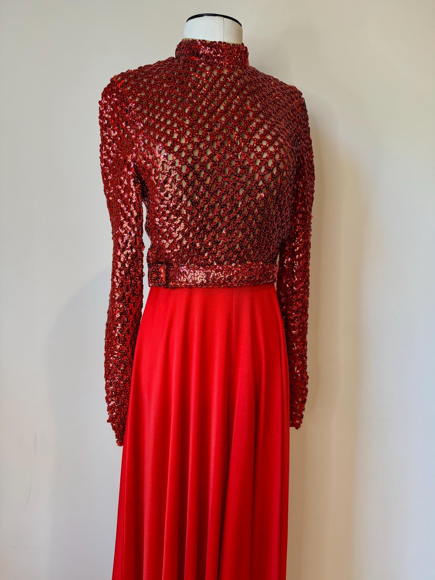 60s Lilli Diamond Red Embellished Palazzo Jumpsuit Dead Stock