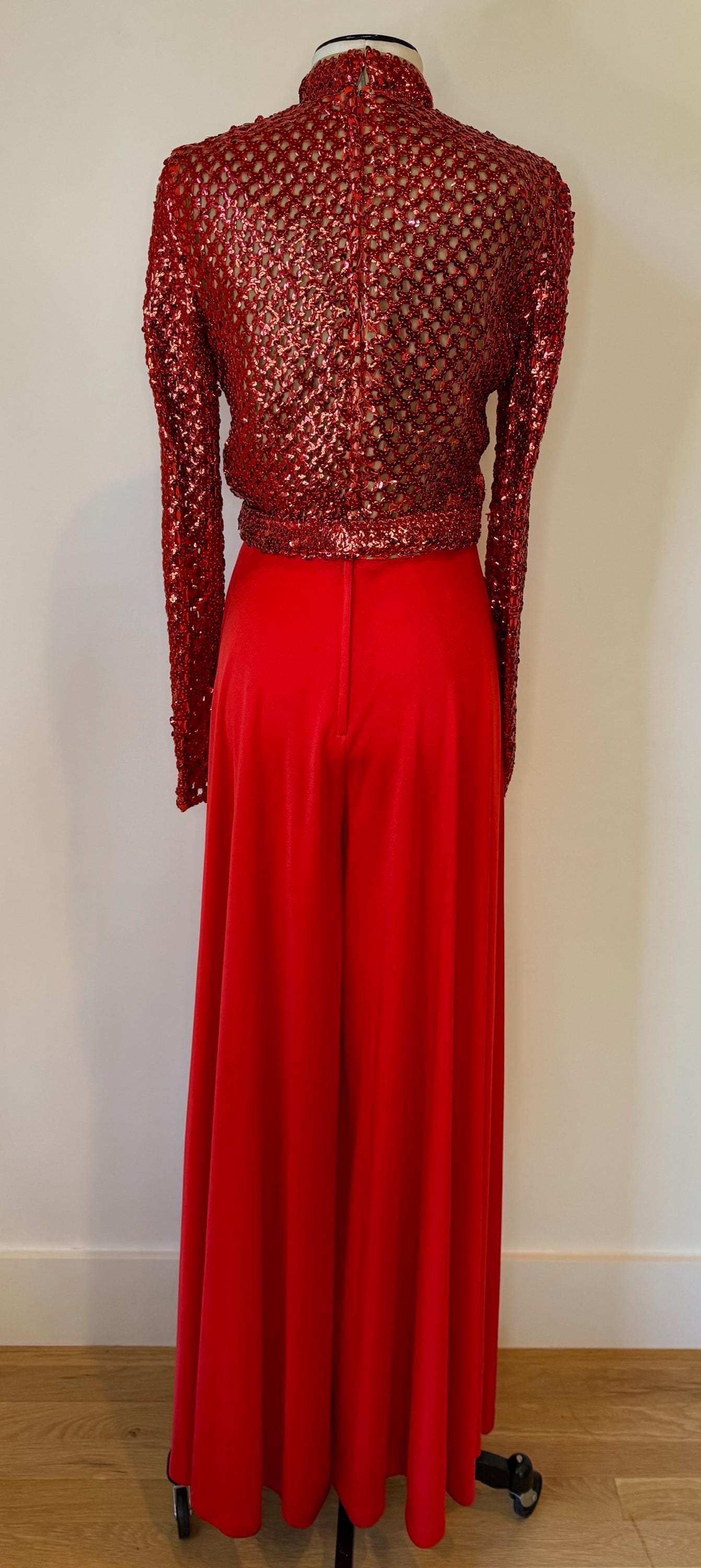 60s Lilli Diamond Red Embellished Palazzo Jumpsuit Dead Stock