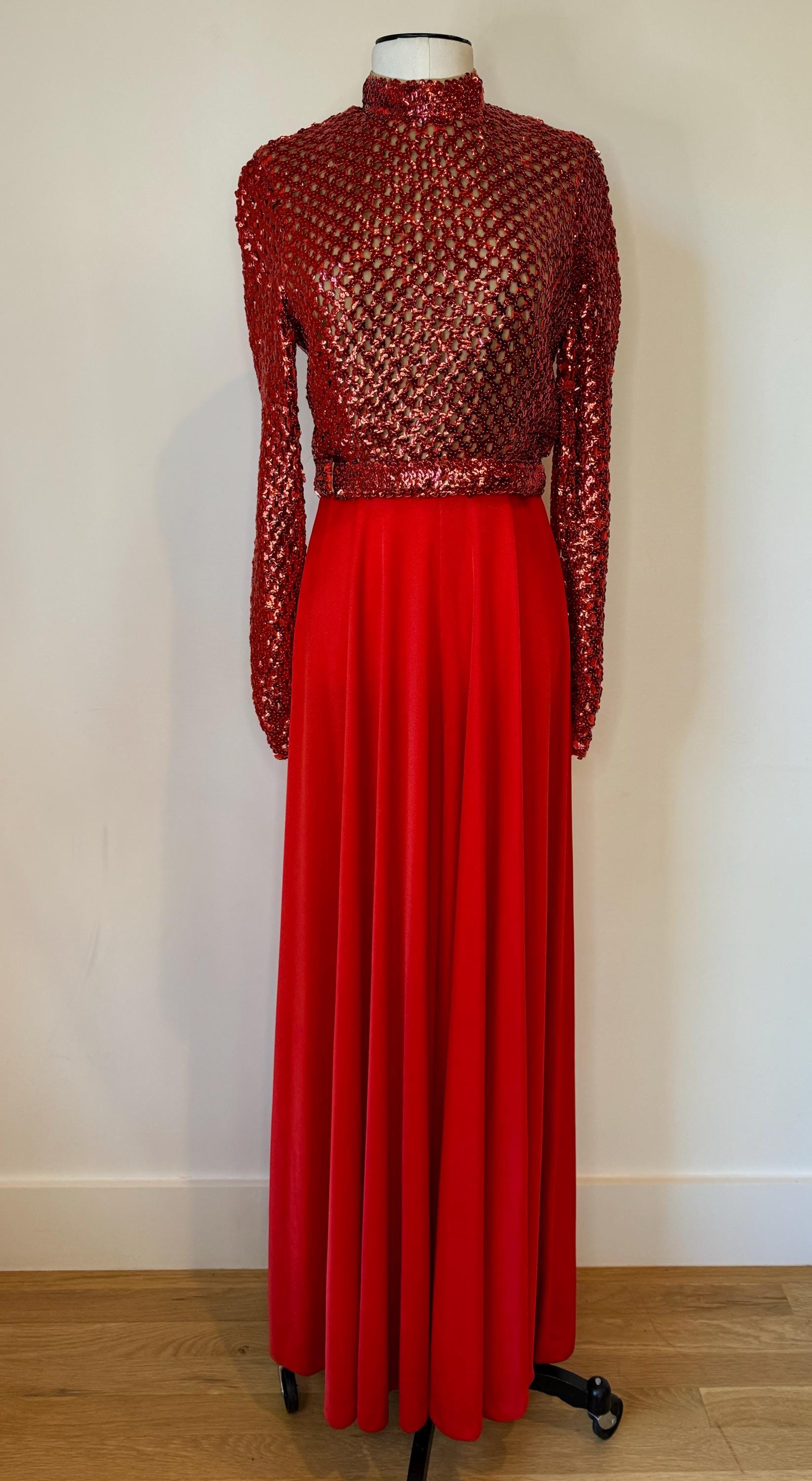 60s Lilli Diamond Red Embellished Palazzo Jumpsuit Dead Stock