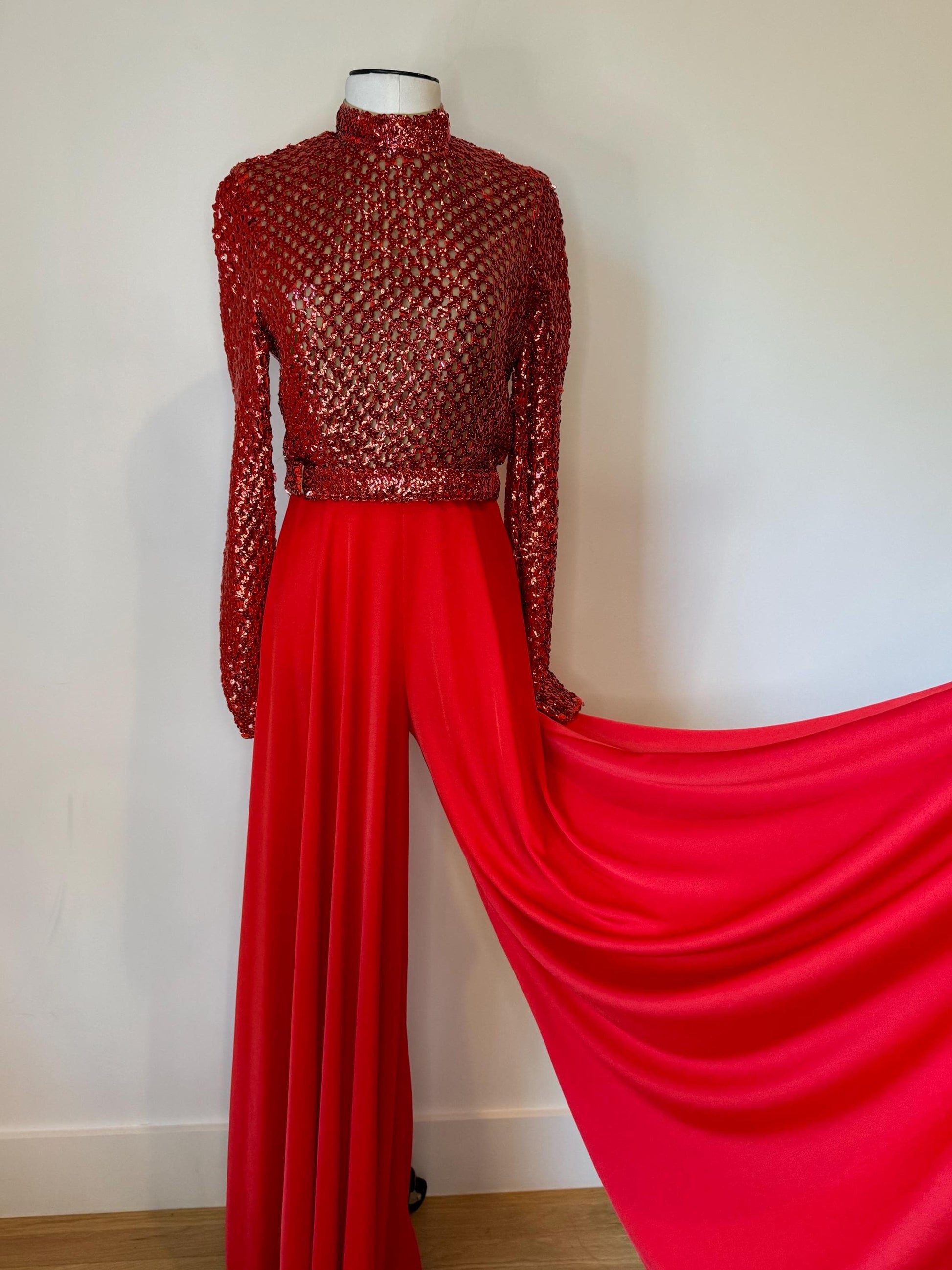 60s Lilli Diamond Red Embellished Palazzo Jumpsuit Dead Stock