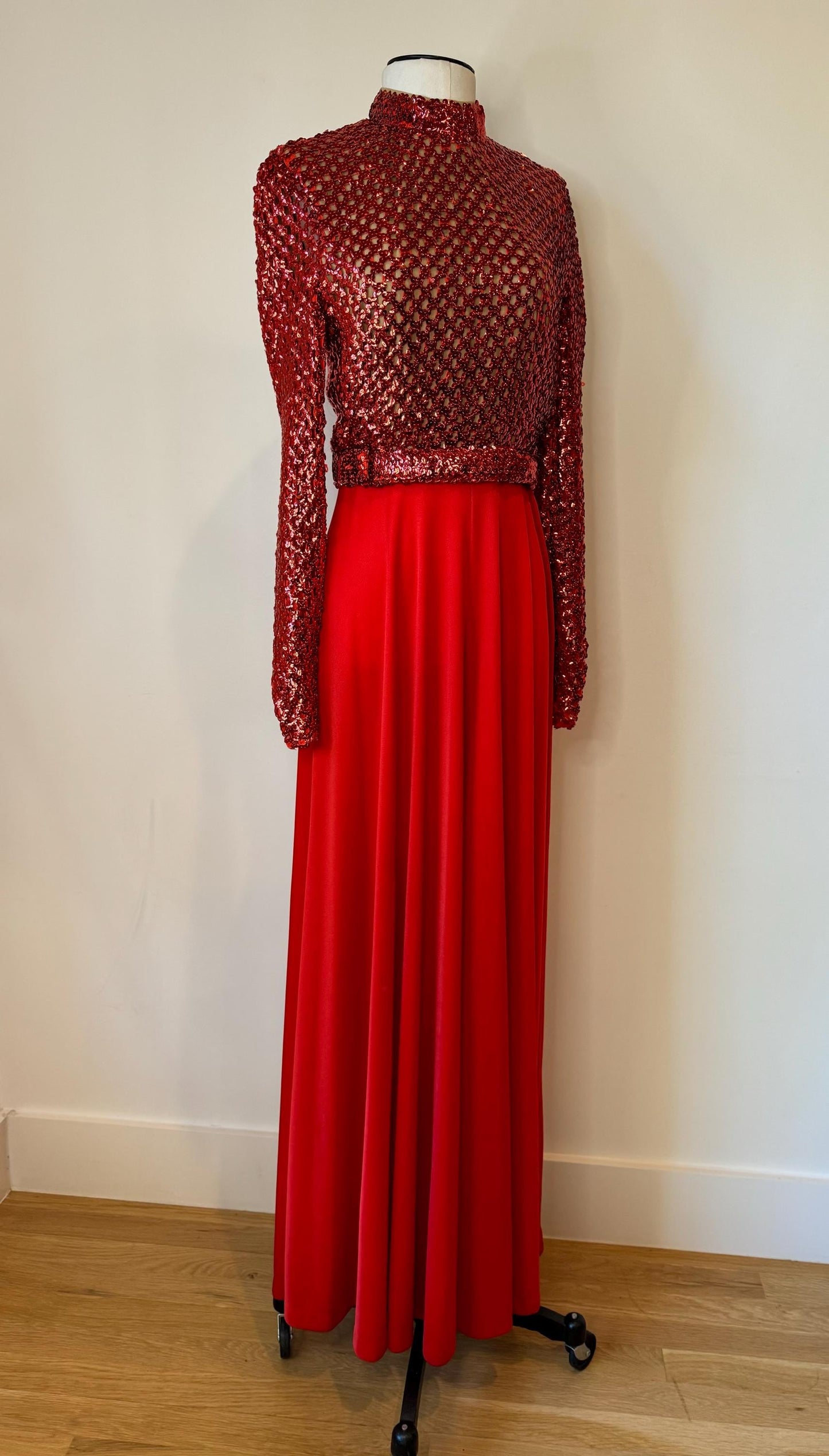 60s Lilli Diamond Red Embellished Palazzo Jumpsuit Dead Stock