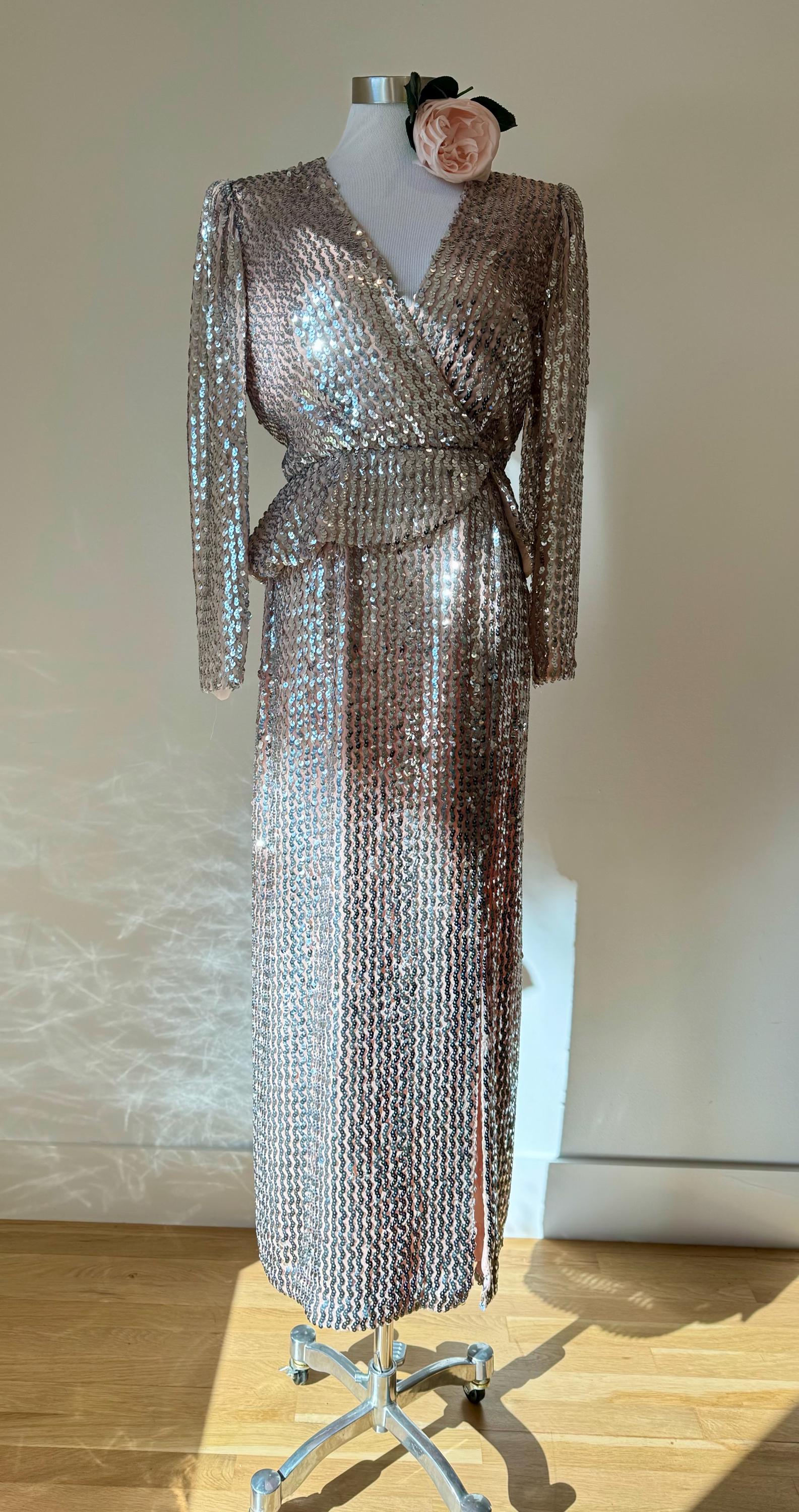 Vintage Nude Allusion Silver Sequin Lilli Diamond Gown