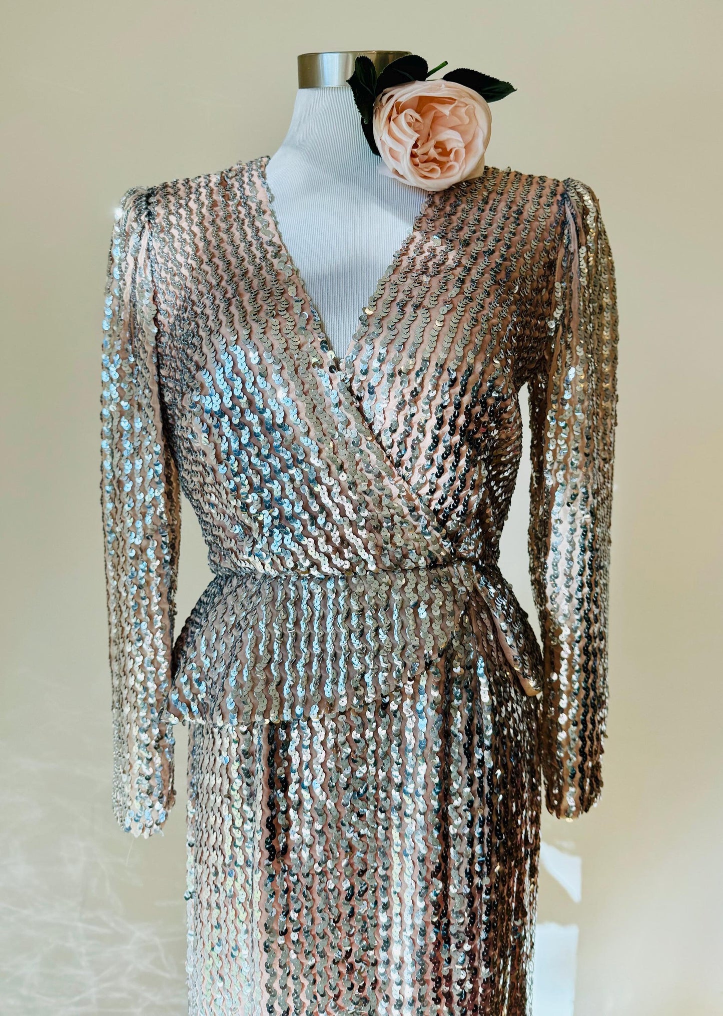 Vintage Nude Allusion Silver Sequin Lilli Diamond Gown