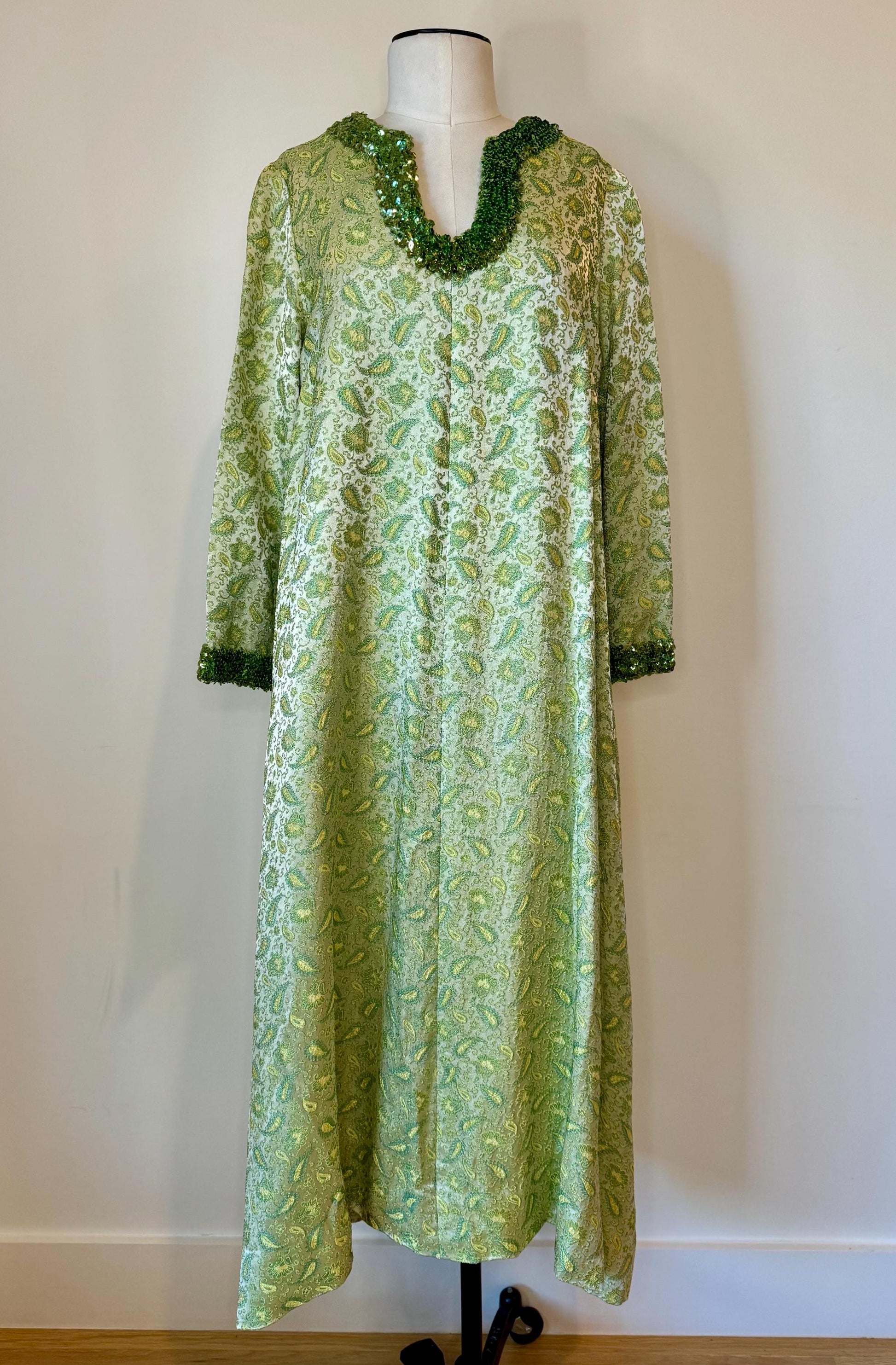 60s Hand Made Green Archived Brocade Embellished Caftan Dress