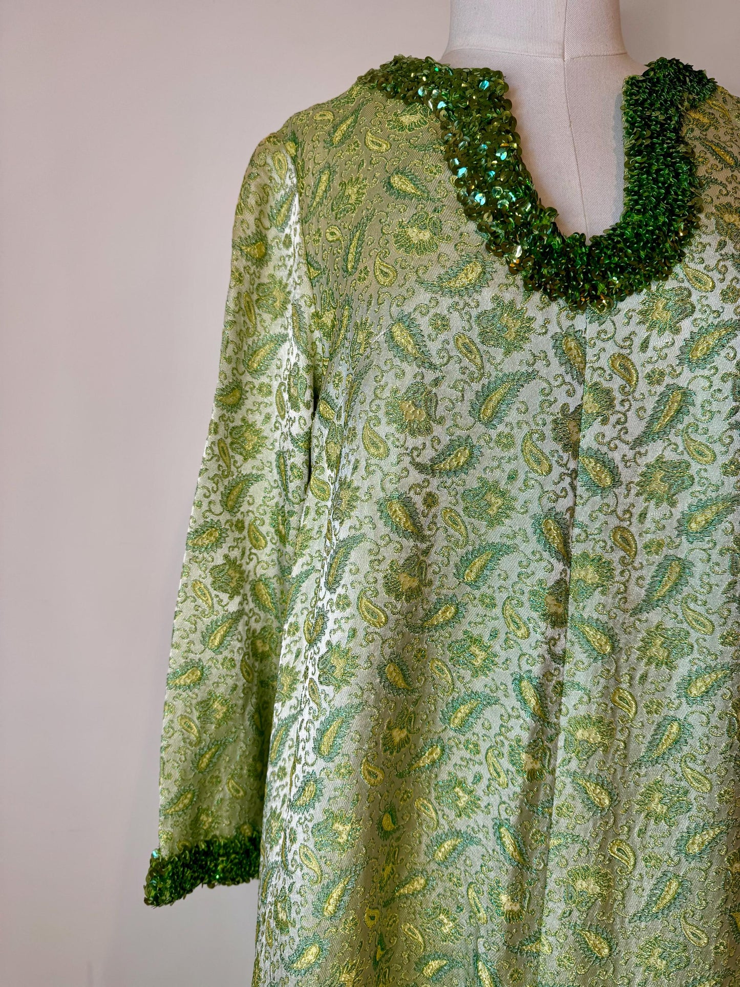 60s Hand Made Green Archived Brocade Embellished Caftan Dress