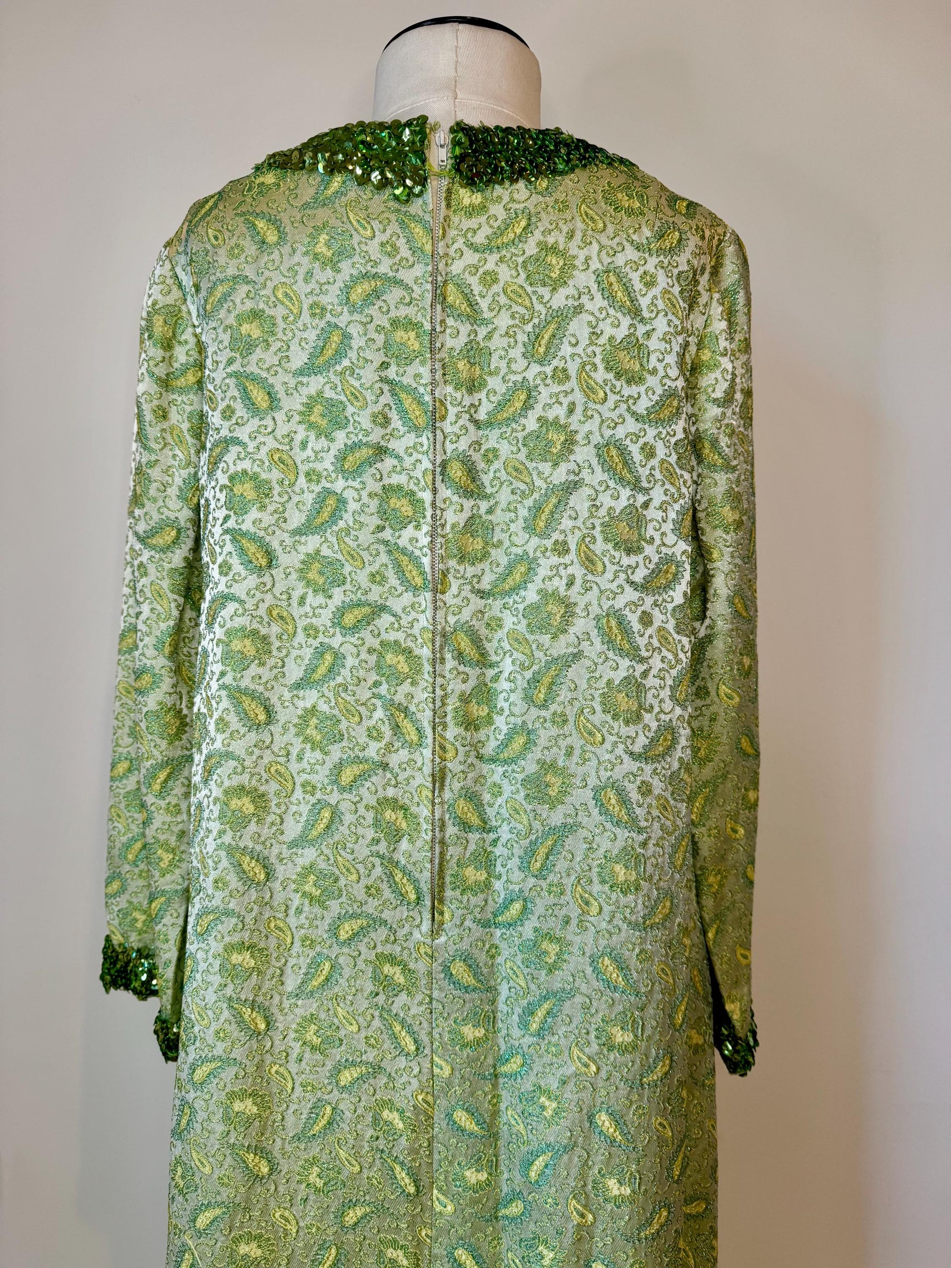 60s Hand Made Green Archived Brocade Embellished Caftan Dress