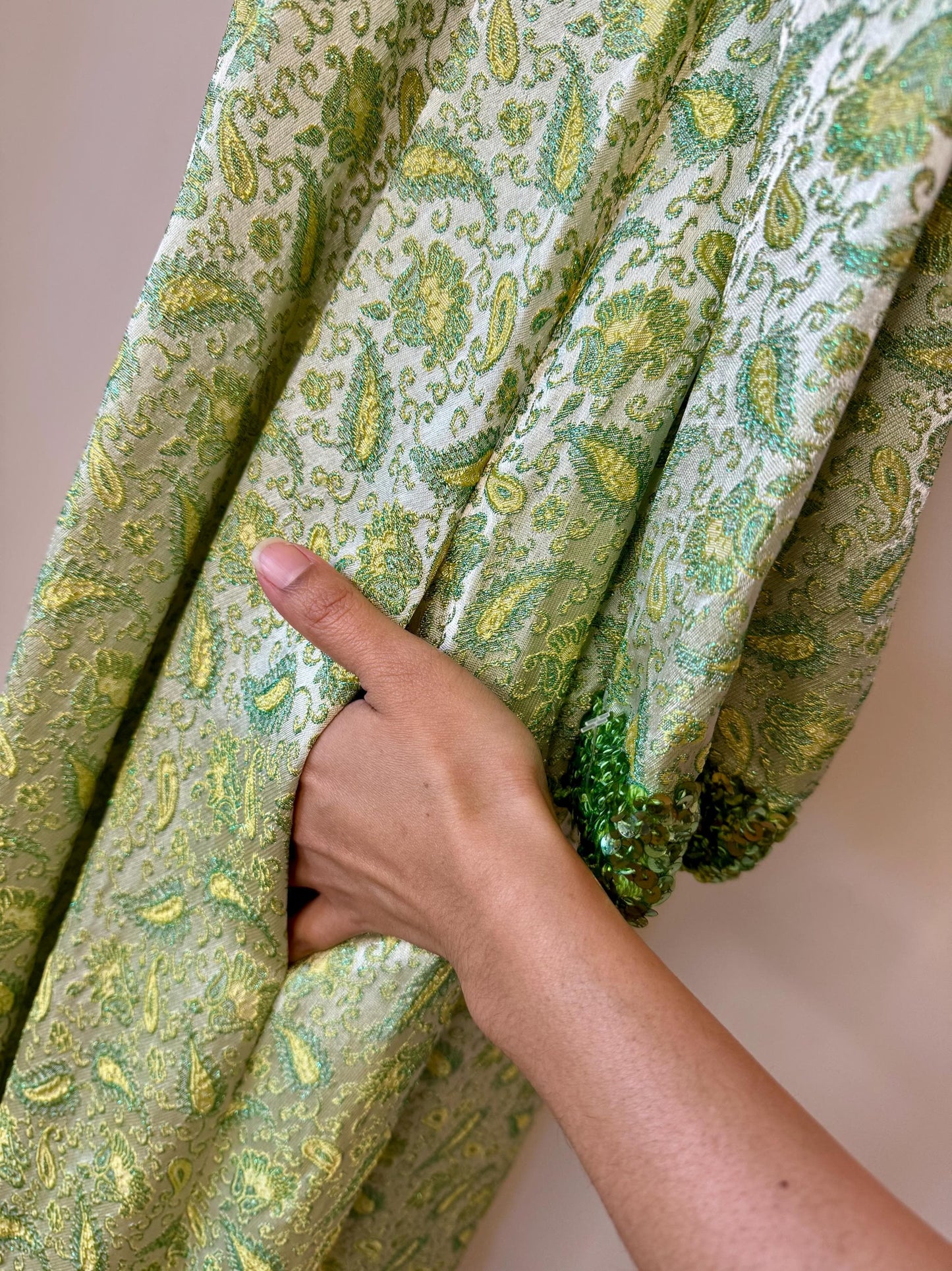 60s Hand Made Green Archived Brocade Embellished Caftan Dress