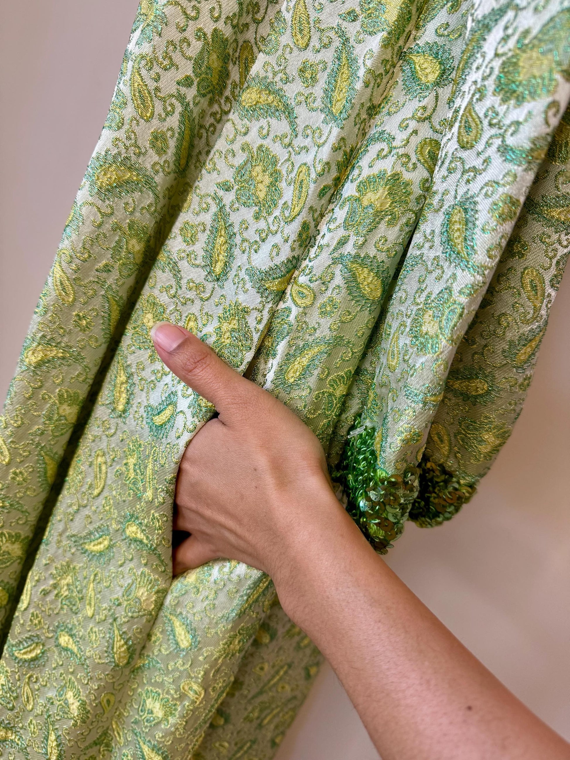 60s Hand Made Green Archived Brocade Embellished Caftan Dress