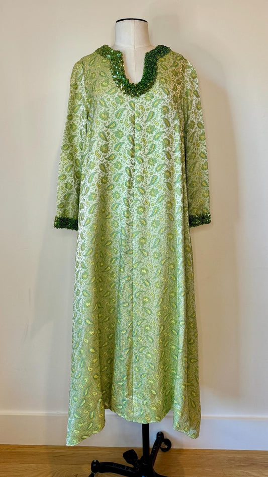 60s Hand Made Green Archived Brocade Embellished Caftan Dress