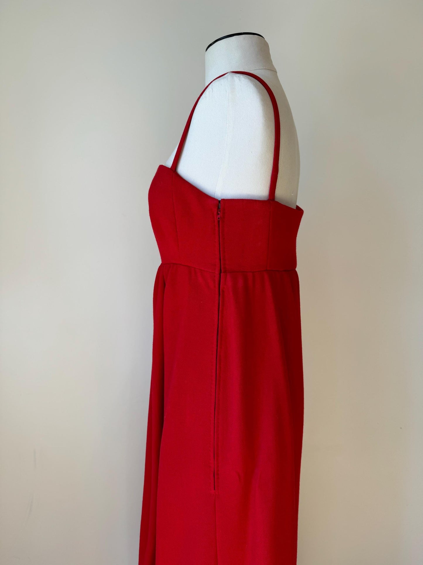 60s Galanos Red Empire Waist Pinafore Column Dress