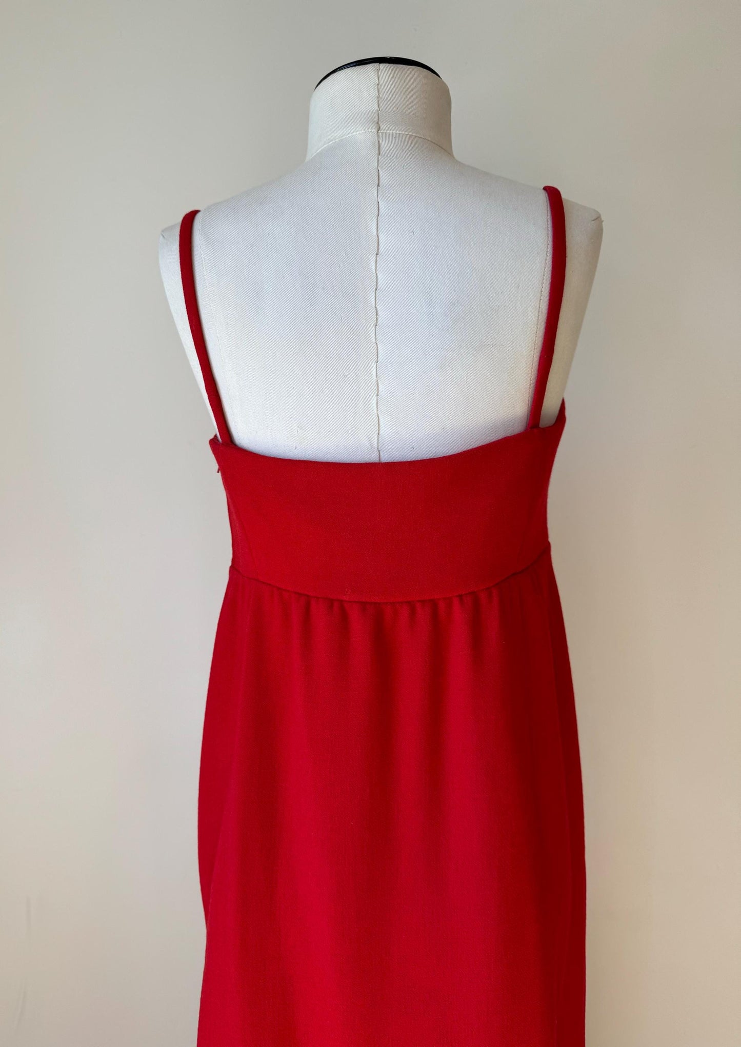 60s Galanos Red Empire Waist Pinafore Column Dress