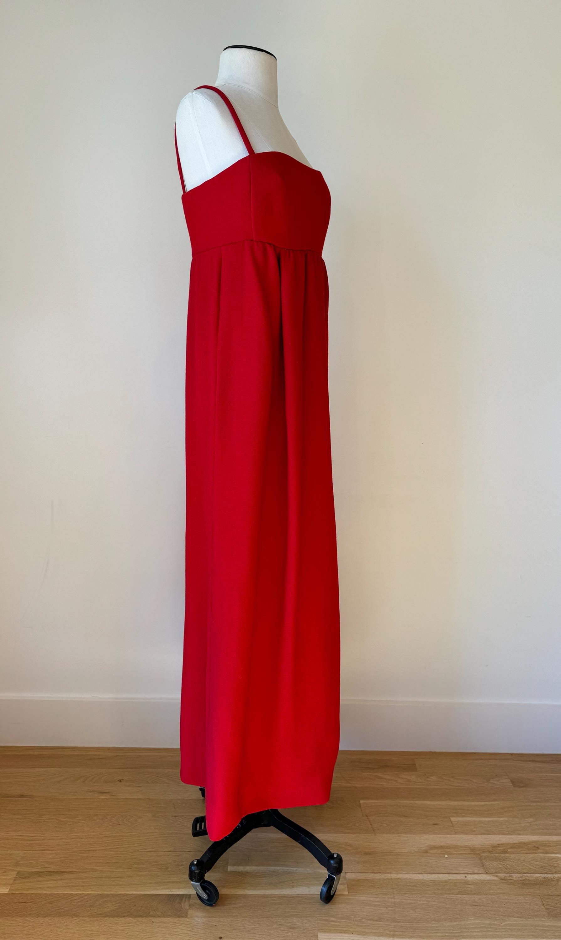 60s Galanos Red Empire Waist Pinafore Column Dress