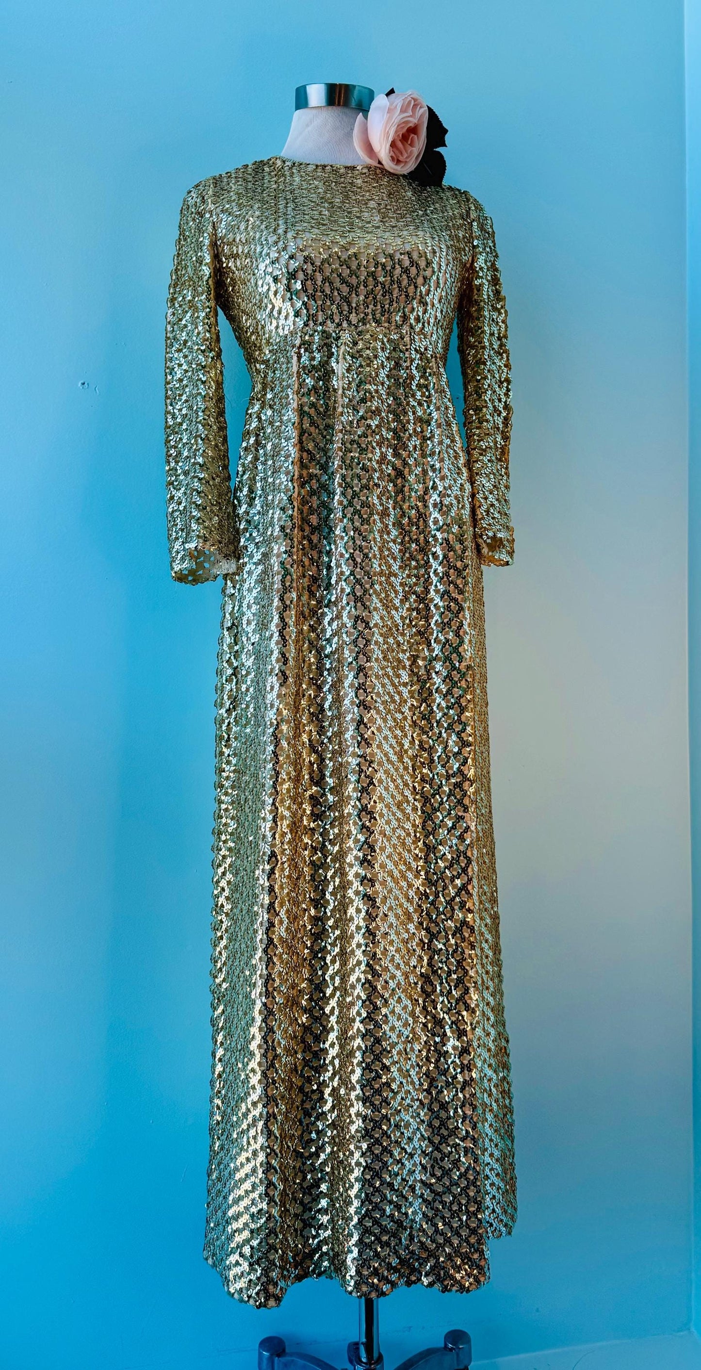 Archived Anne Fogarty Gold Sequins Maxi Dress