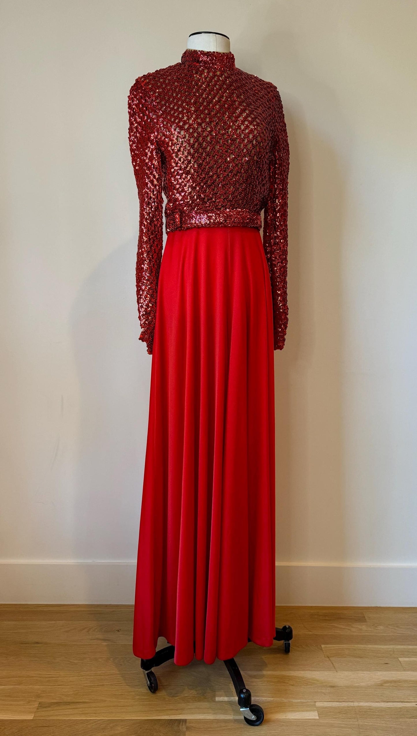 60s Lilli Diamond Red Embellished Palazzo Jumpsuit Dead Stock