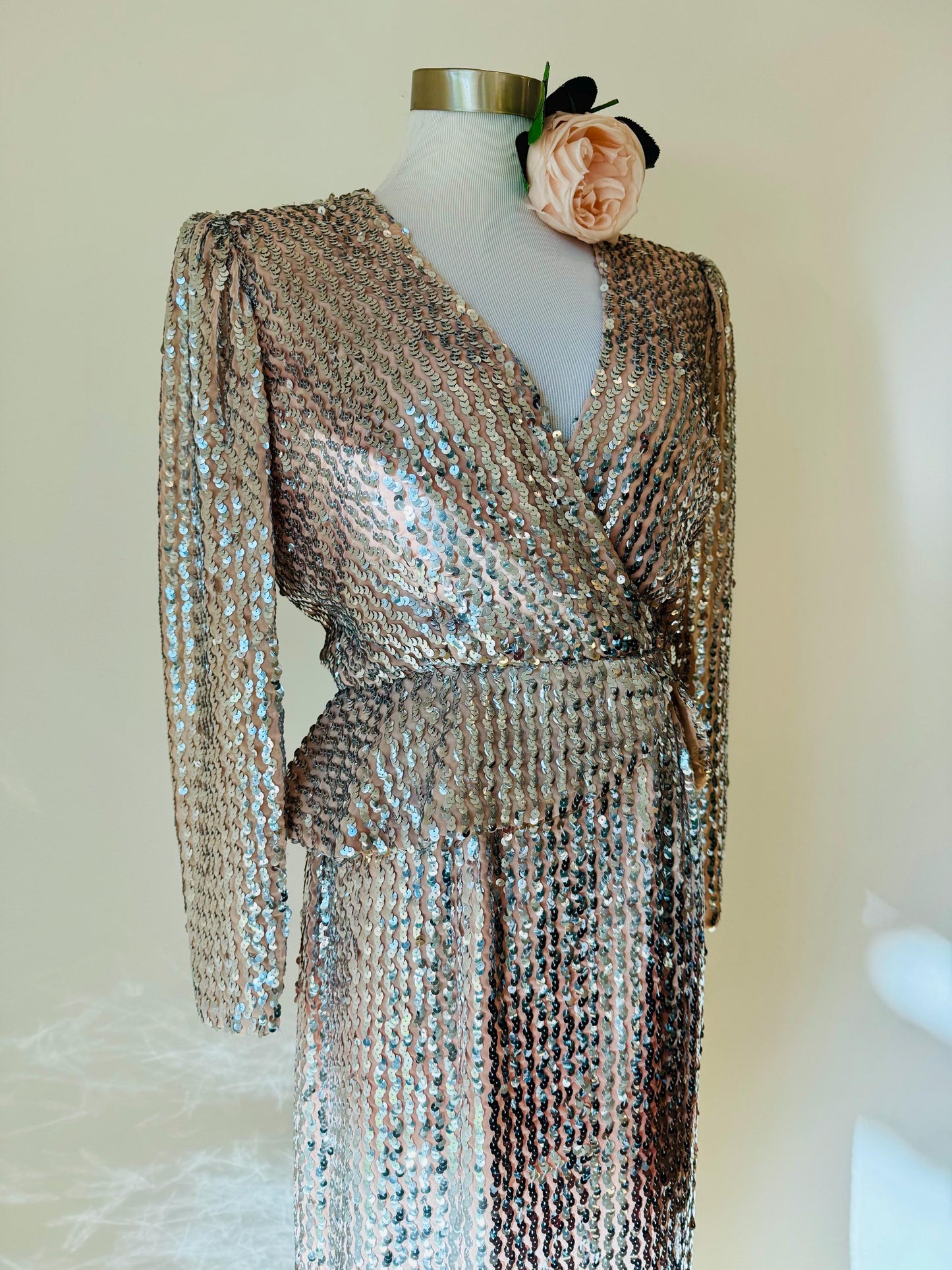 Vintage Nude Allusion Silver Sequin Lilli Diamond Gown