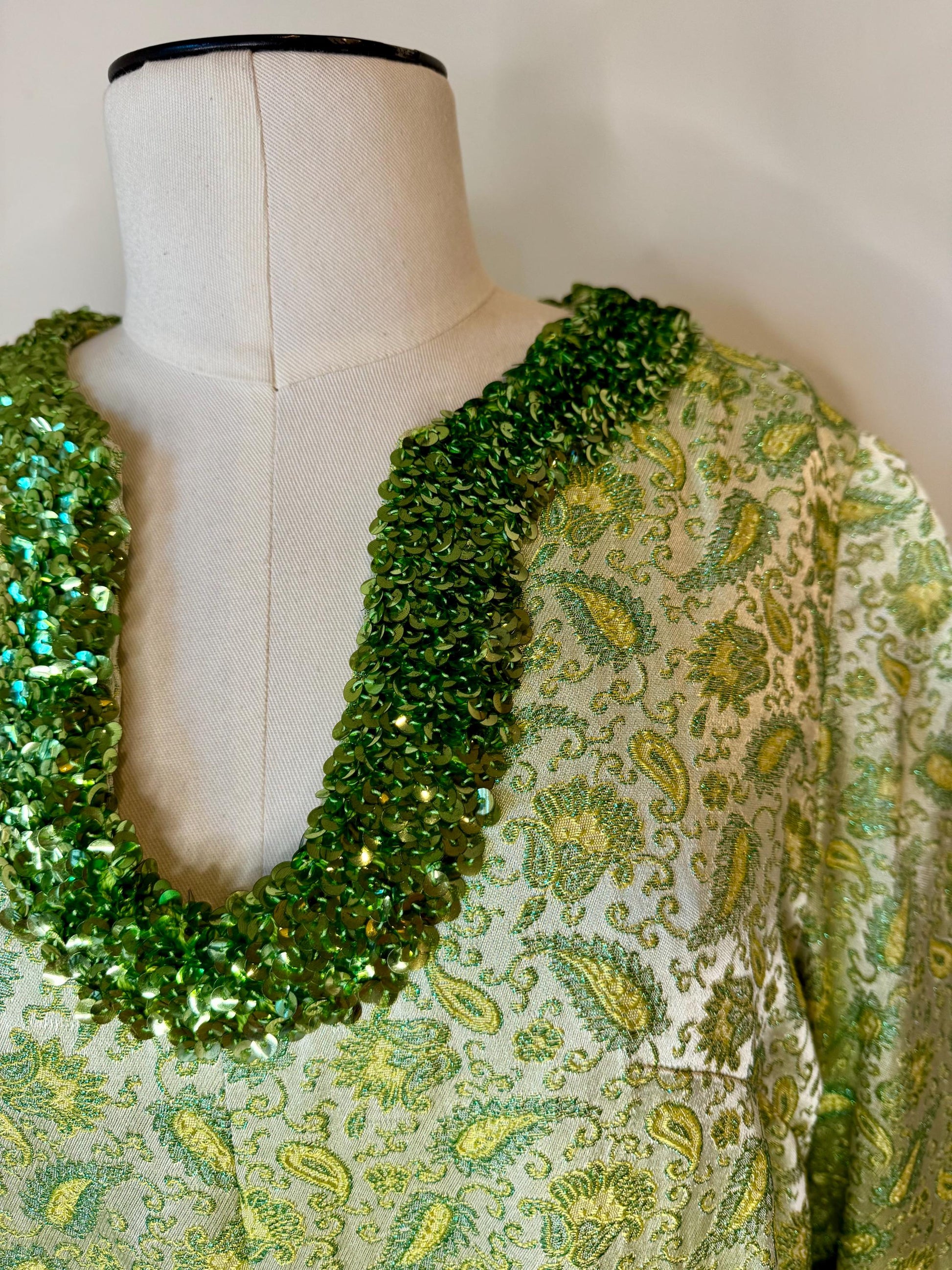60s Hand Made Green Archived Brocade Embellished Caftan Dress