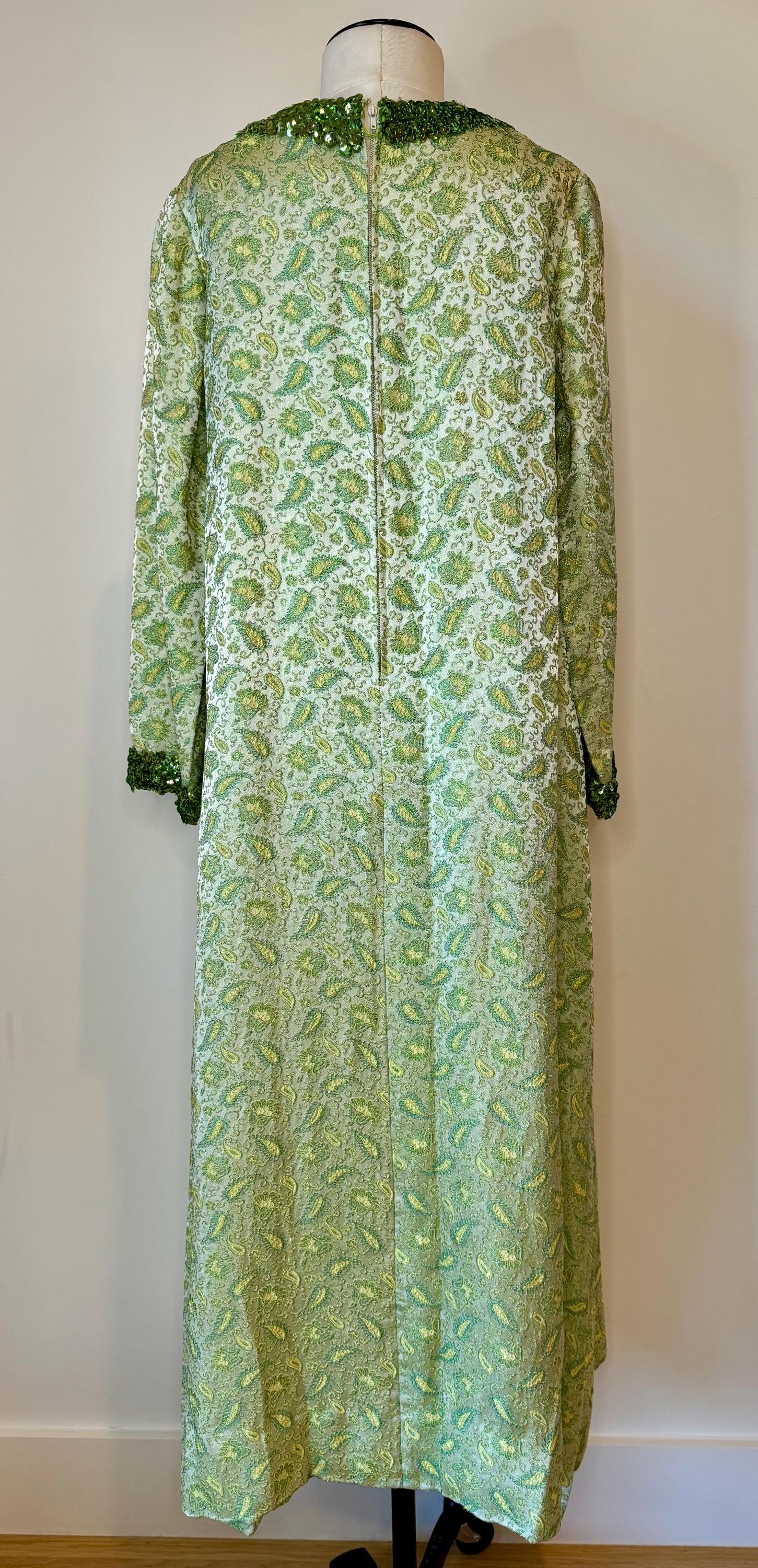 60s Hand Made Green Archived Brocade Embellished Caftan Dress