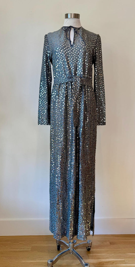 70s Mollie Parnis Embellished Gun Metal Silver Gown