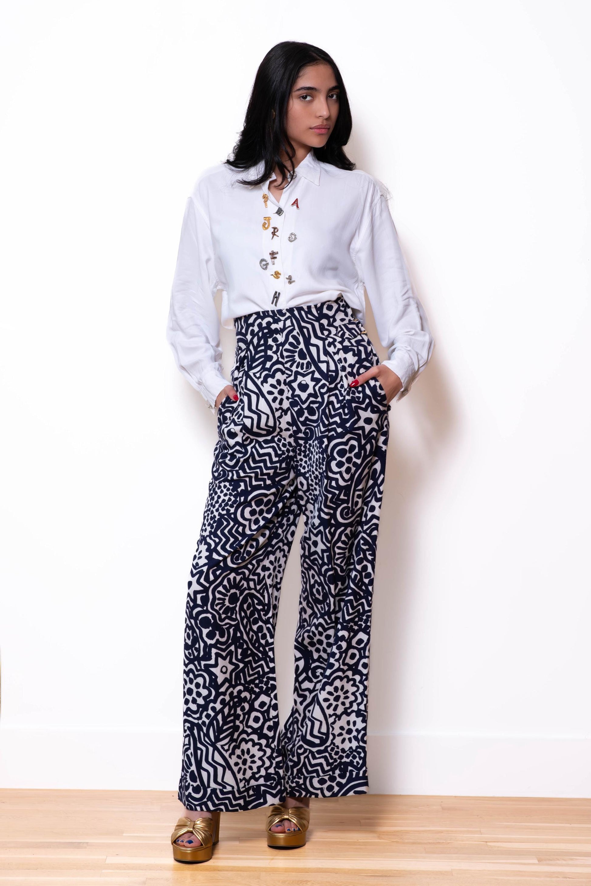 90s Christian Lacroix Printed High Rise Wide Leg Pants