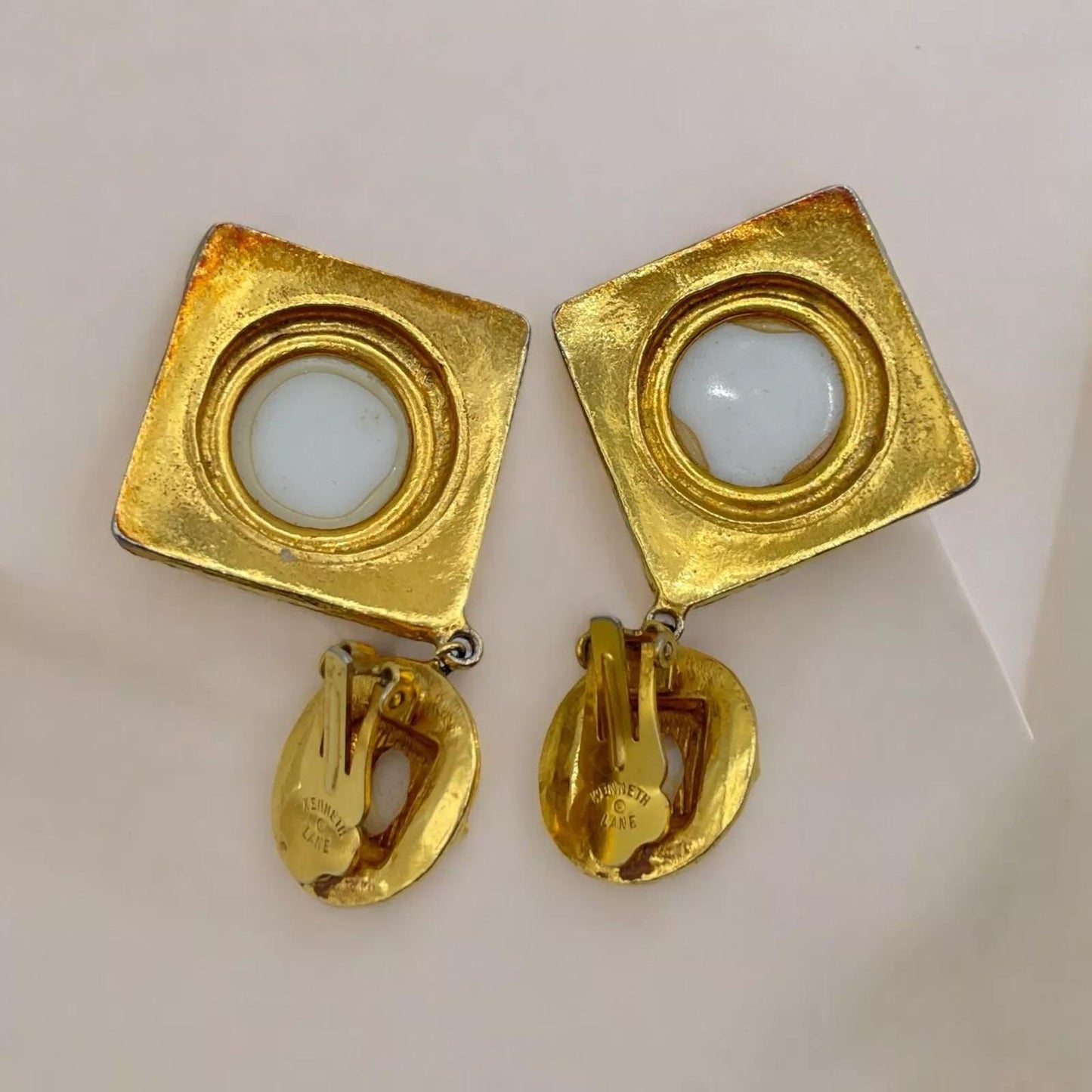 1970s Kenneth J LANE Gold Plated Cabochon Etruscan Statement Dangle Clip On Earrings